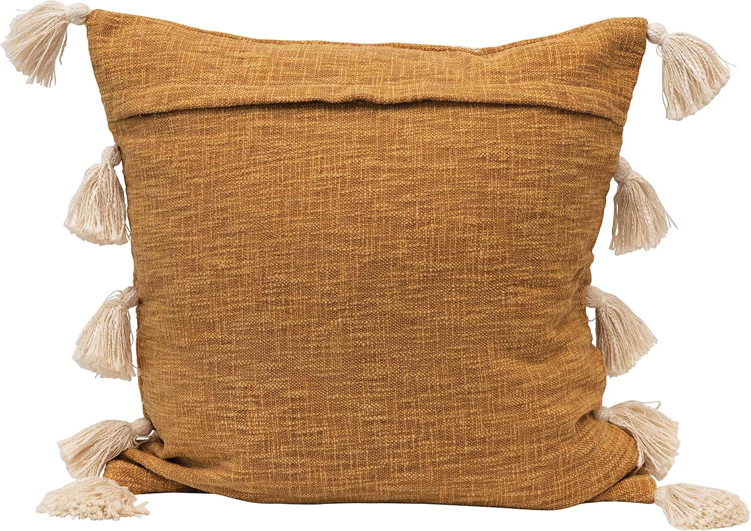 Creative Co-Op Creative Co-Op Woven Cotton Pillow with Appliqued Stripes and Tassels, Mustard and White