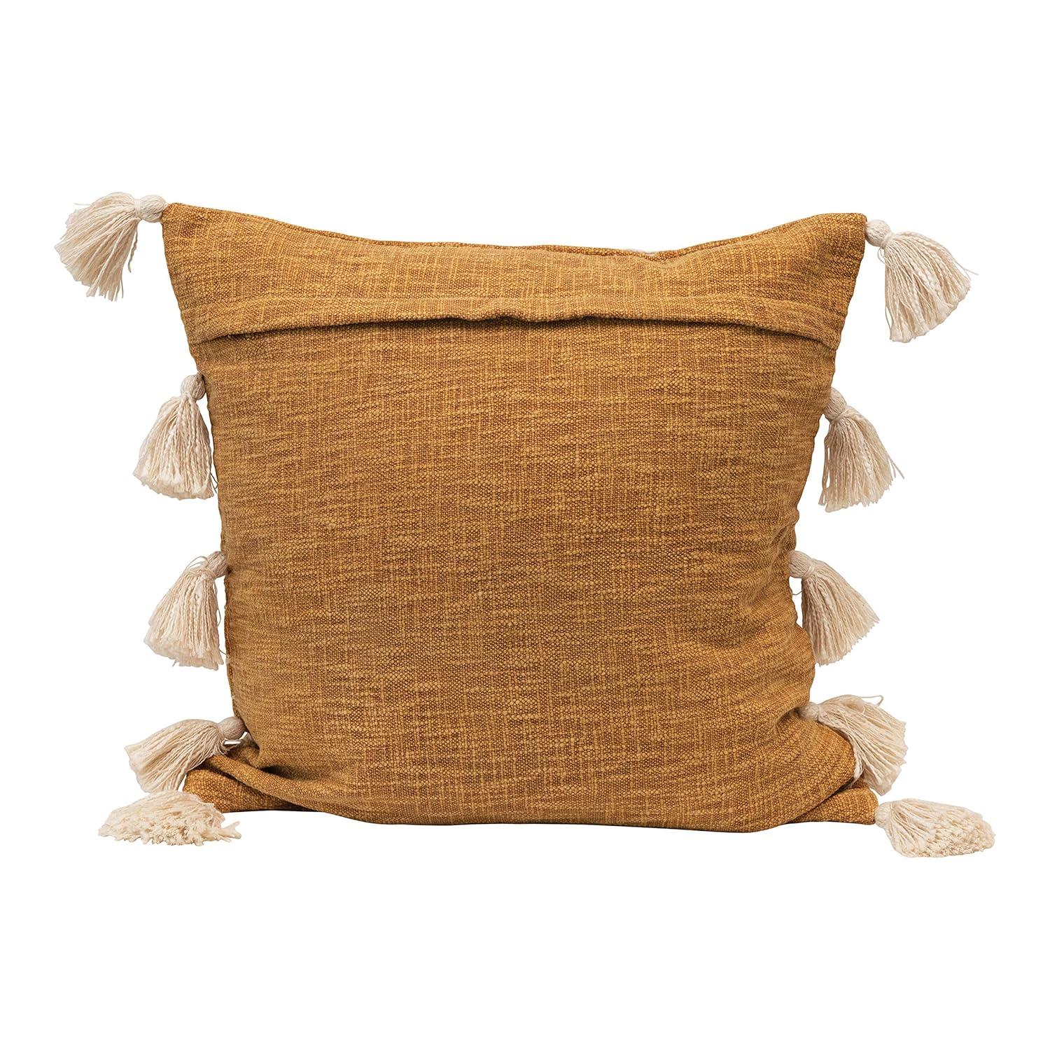 Creative Co-Op Creative Co-Op Woven Cotton Pillow with Appliqued Stripes and Tassels, Mustard and White