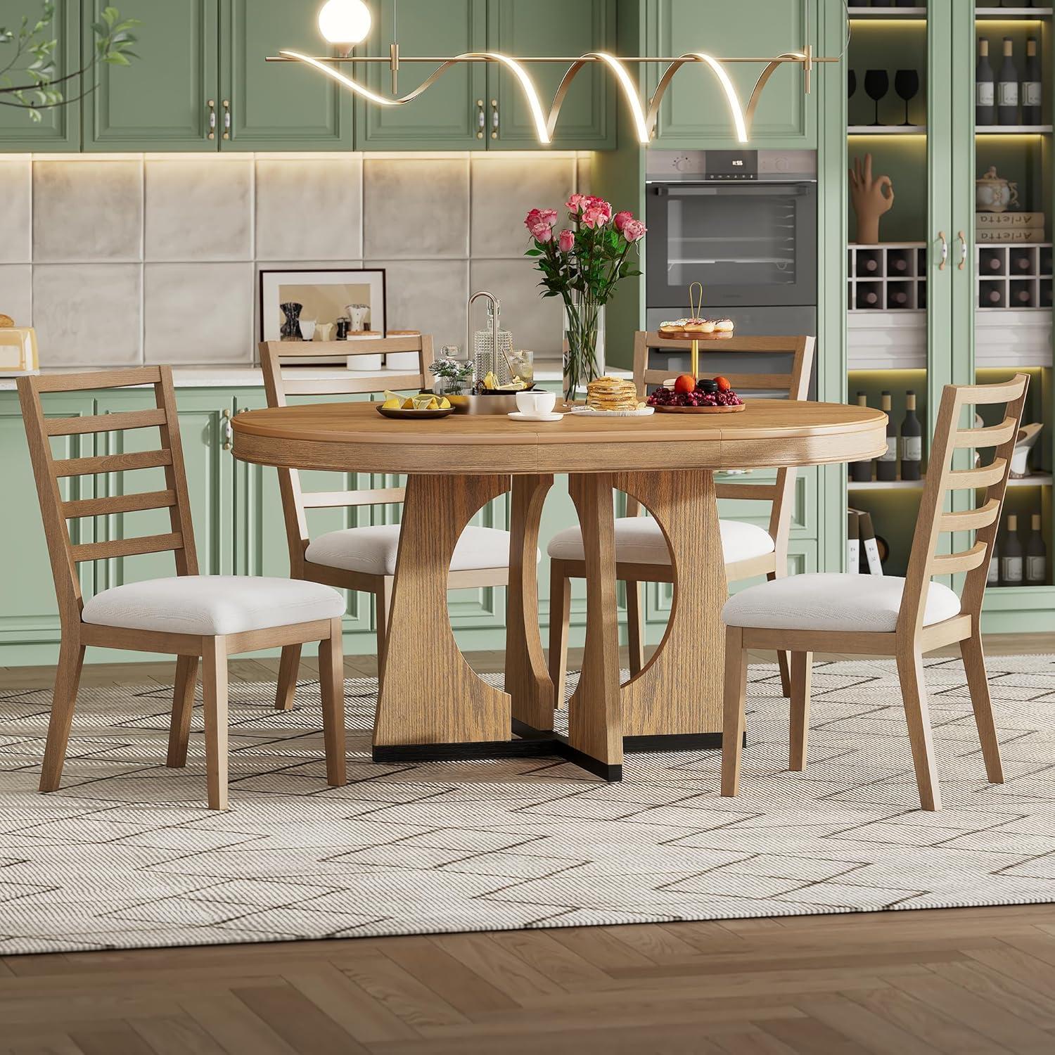 Natural Wood Extendable Round Dining Table Set with 4 Upholstered Chairs