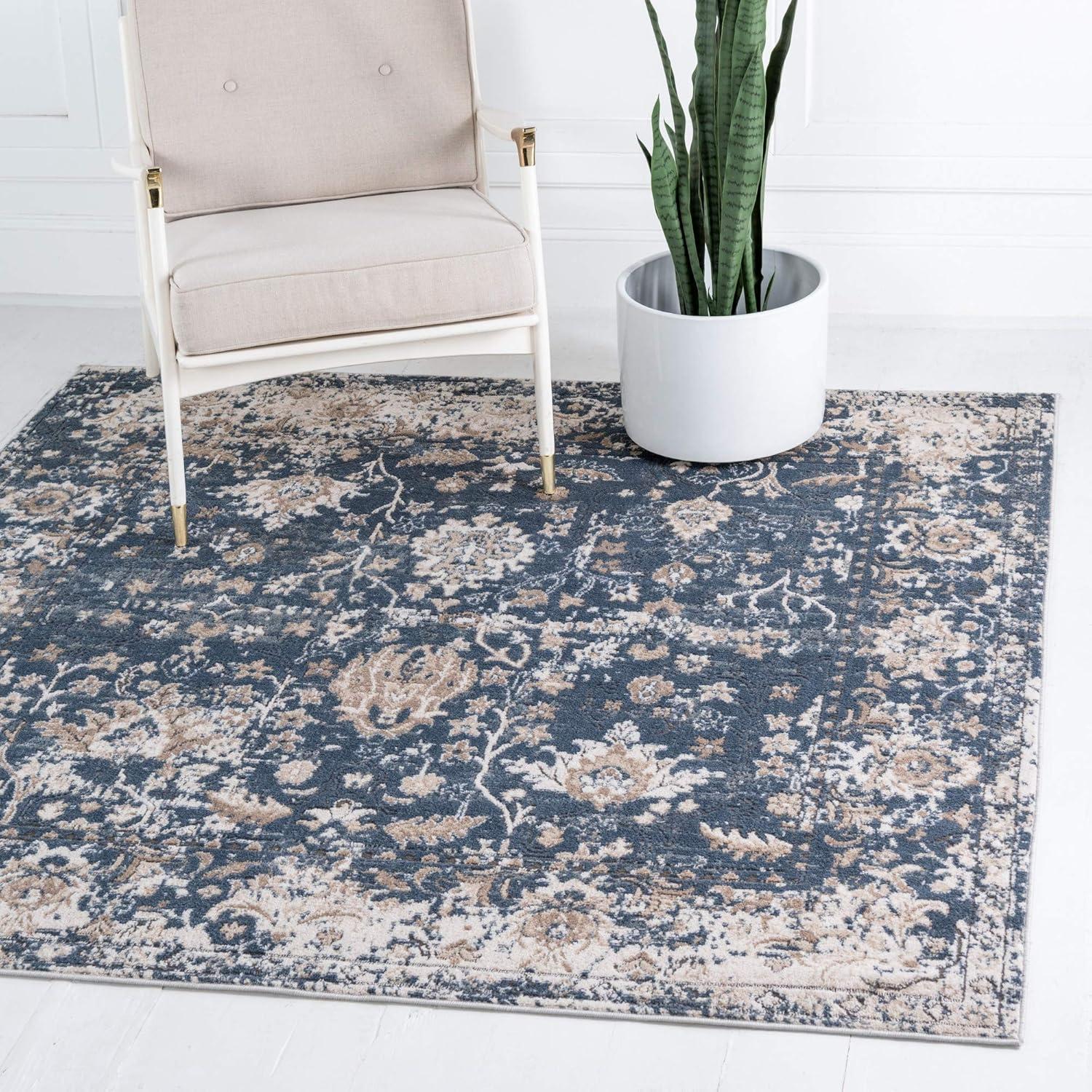 Unique Loom Portland Collection Area Rug - Central (4' 1" Square Blue/Beige)