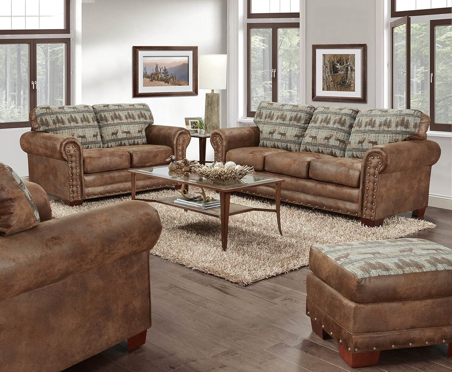 Rustic Lodge Deer Tapestry & Brown Microfiber Accent Chair Set