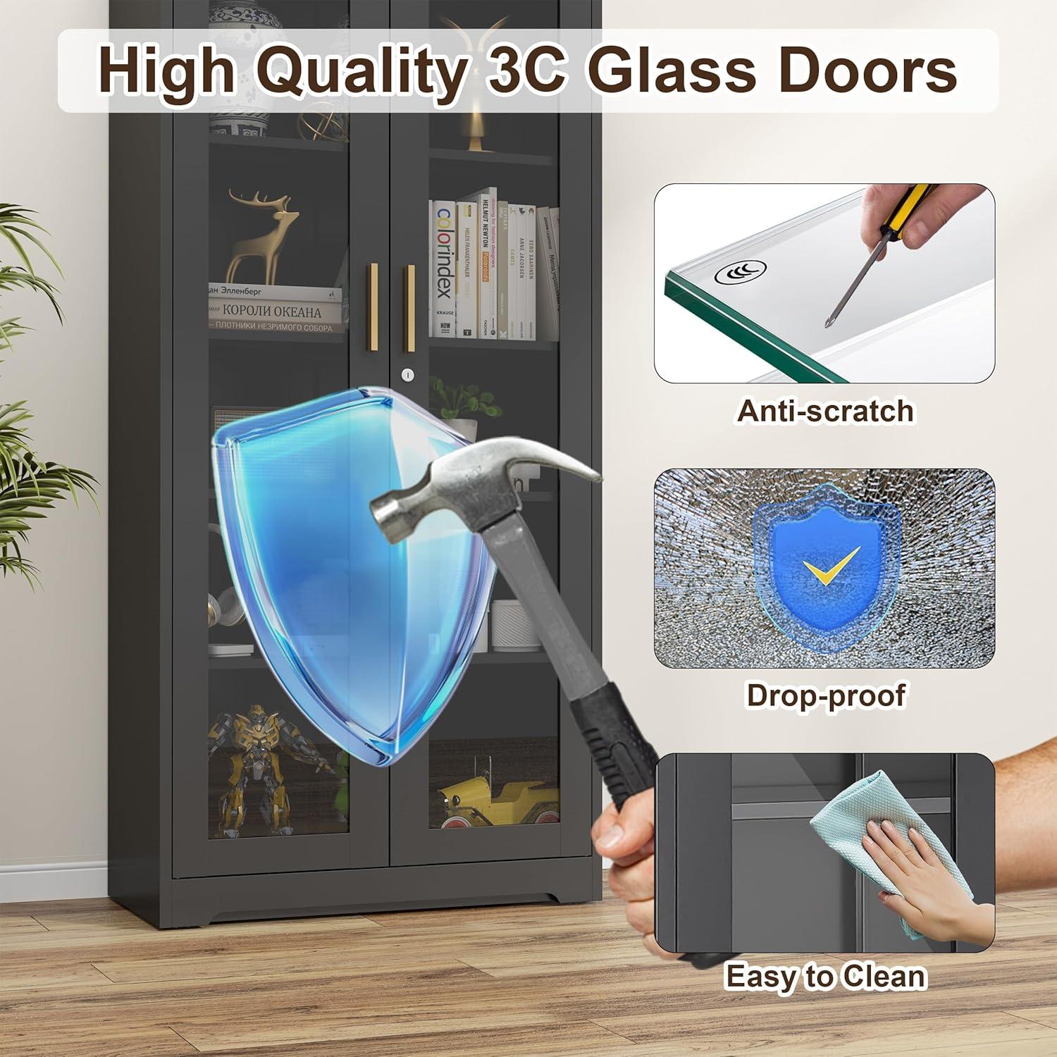 Display Cabinet With Glass Doors, Curio Cabinets With 4 Adjustable Shelves, Locking Glass Cabinet Display Case For Home, Office, Clinic, Pantry, Assemble Required