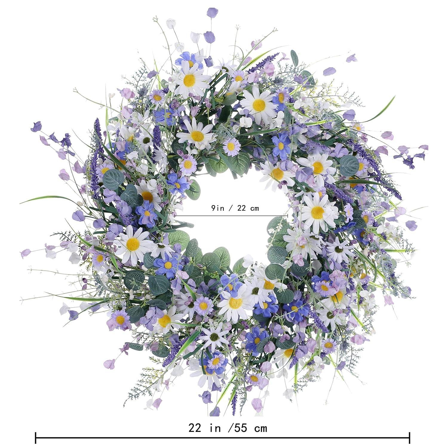 22 Inches Spring Wreaths for Front Door Blue Spring Door Wreath Summer Floral Wreath with Wildflower Lanvender for Wall Porch Indoors Outdoor Window Home Decorations