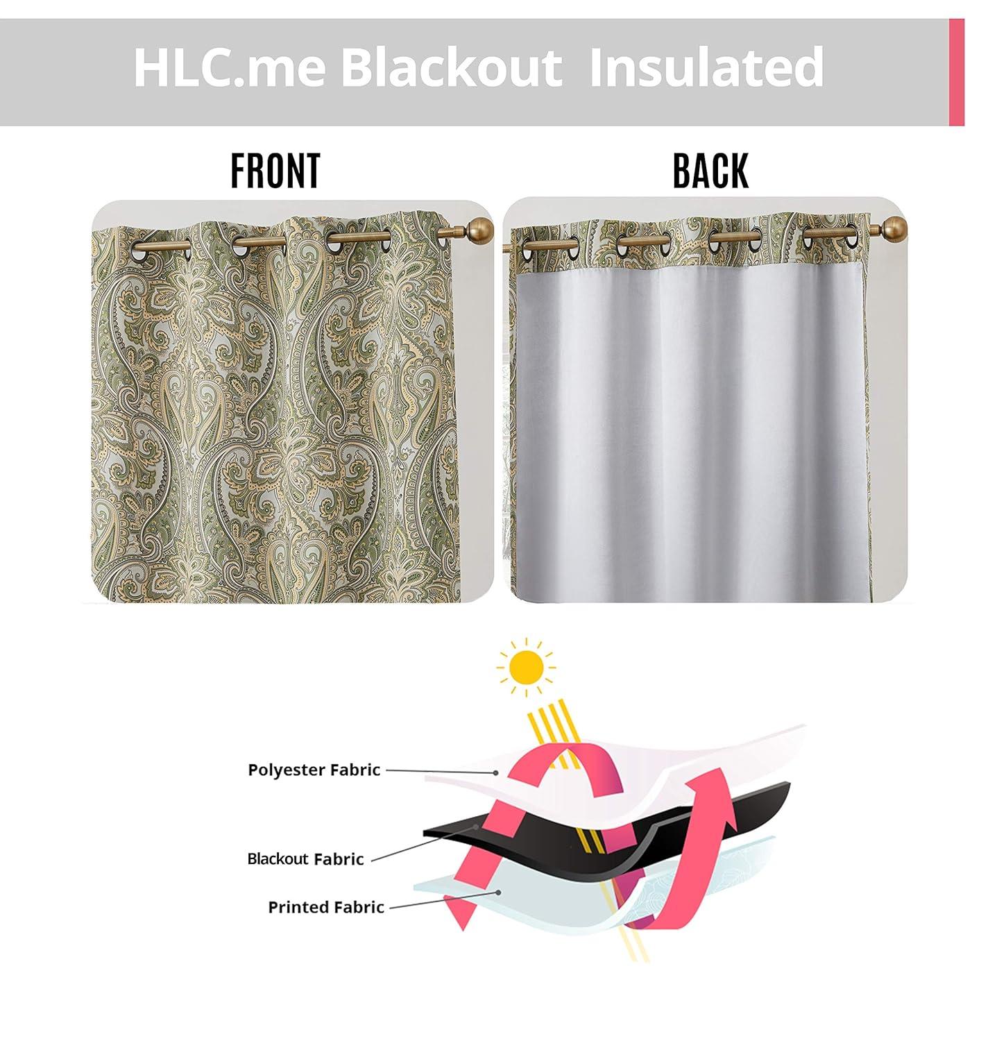 HLC.ME Paris Paisley Decorative Print Damask Pattern Thermal Insulated Semi-Blackout Energy Savings Room Darkening Grommet Window Curtain Panels for Bedroom - Set of 2 (50 x 72 Long, Sage Green)