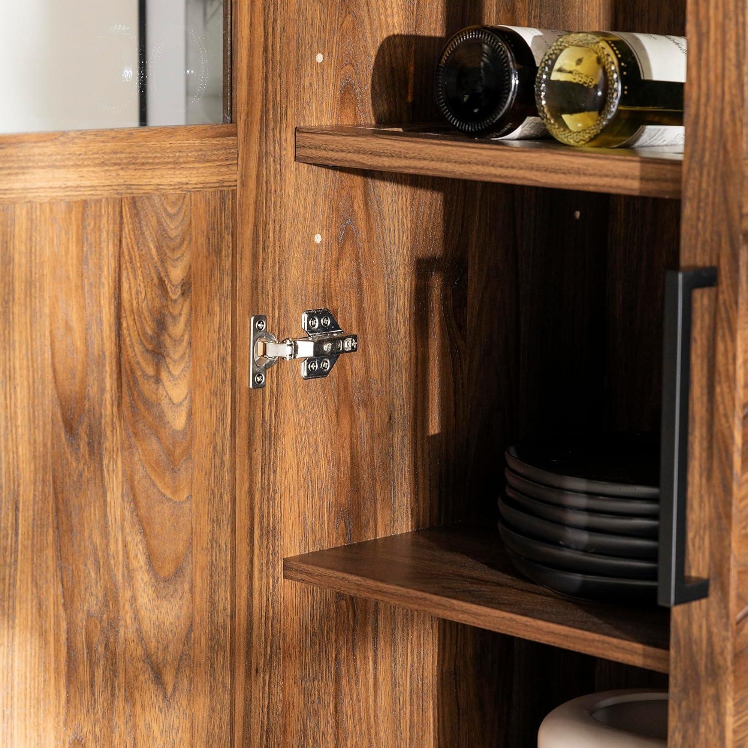 Dark Walnut Chevron Glass Door Storage Cabinet with Adjustable Shelves