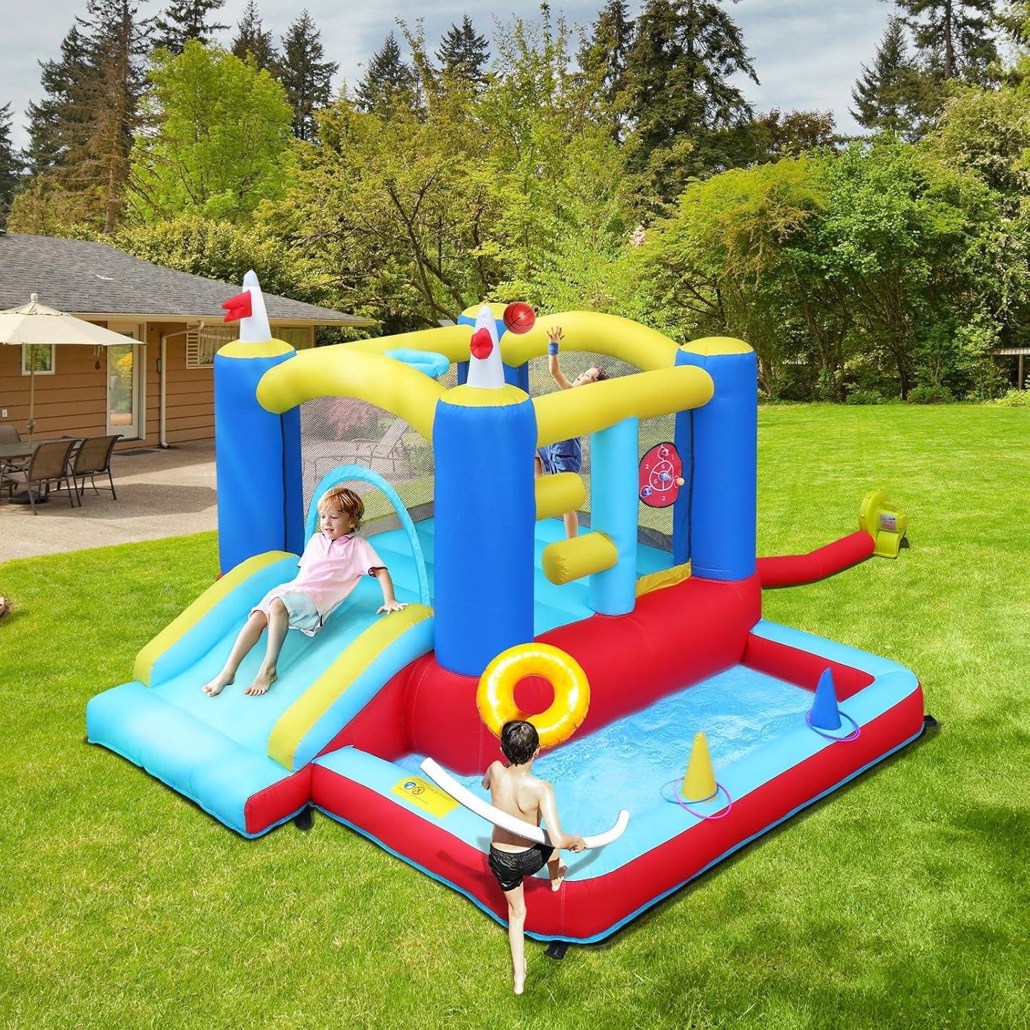 Ktaxon Inflatable Bounce House with Blower for Kids 3+, Indoor & Outdoor Bouncy Castle with Slide, Perfect for Birthday Parties, Backyard, Lawn