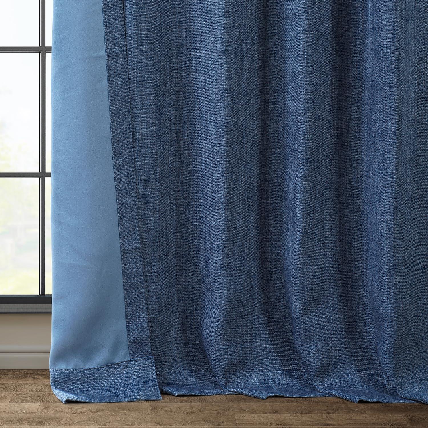 Extra Long Blue Faux Linen Blackout Drapes