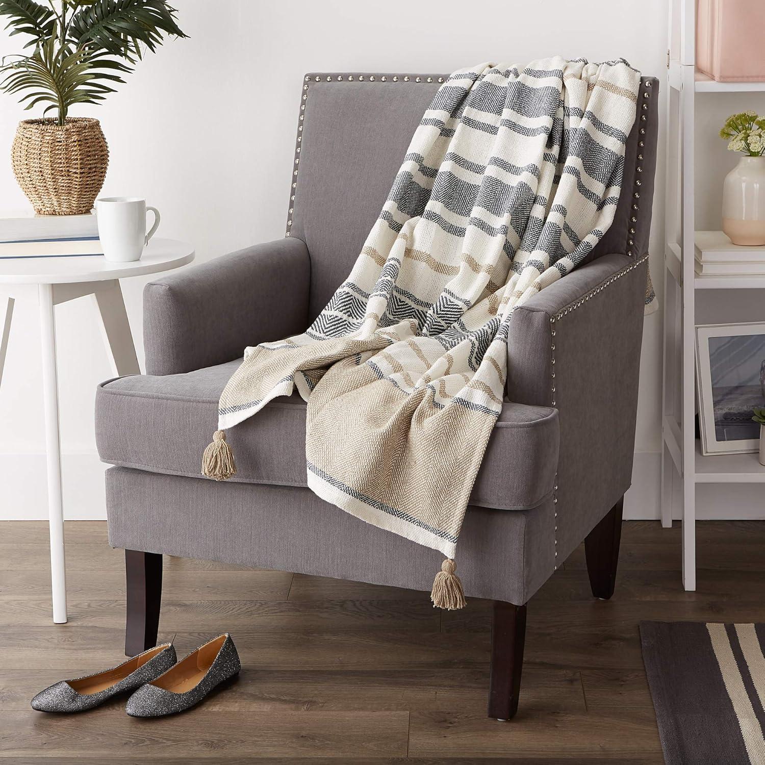 2-Tone Chevron Striped Throw Blanket Stone/Mineral - Design Imports: Hypoallergenic, Machine Washable, 50x60"