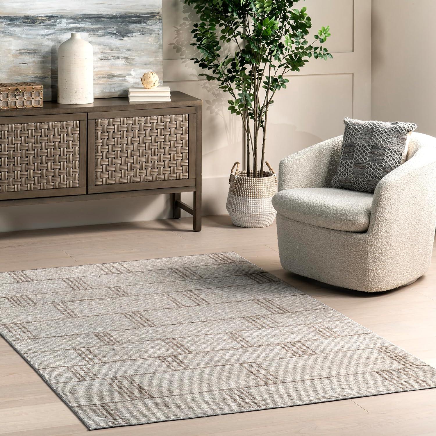 Beige Geometric Machine Washable Stain-Resistant Area Rug