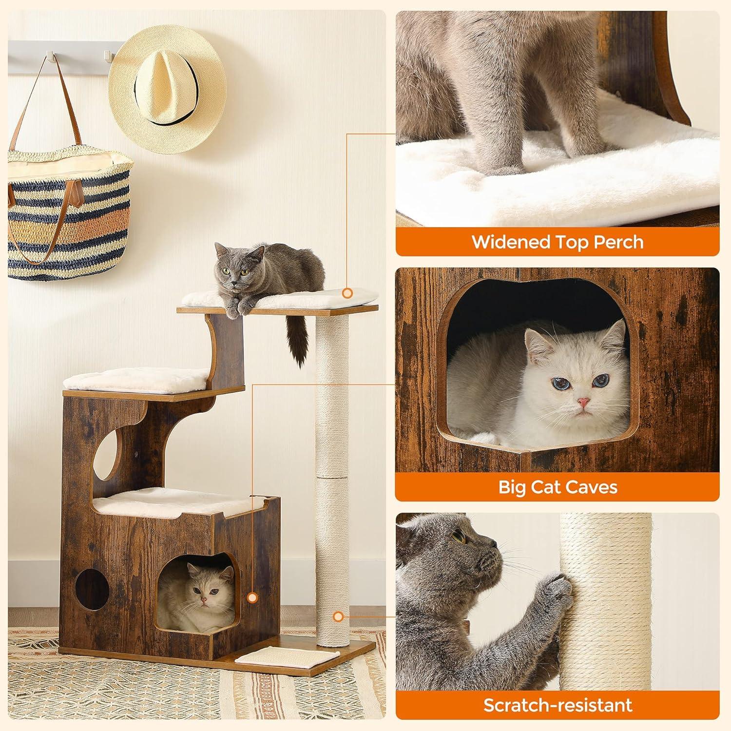 FEANDREA Vintage 3-Level 33.9" Cat Tree with Beds & Cave, Rustic Brown White