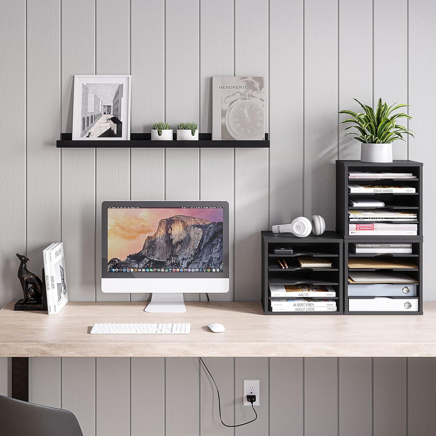 Ballucci 5-Tier Paper Organizer, File Holder, Mail Sorter, Wood Stackable Letter Tray, Gray