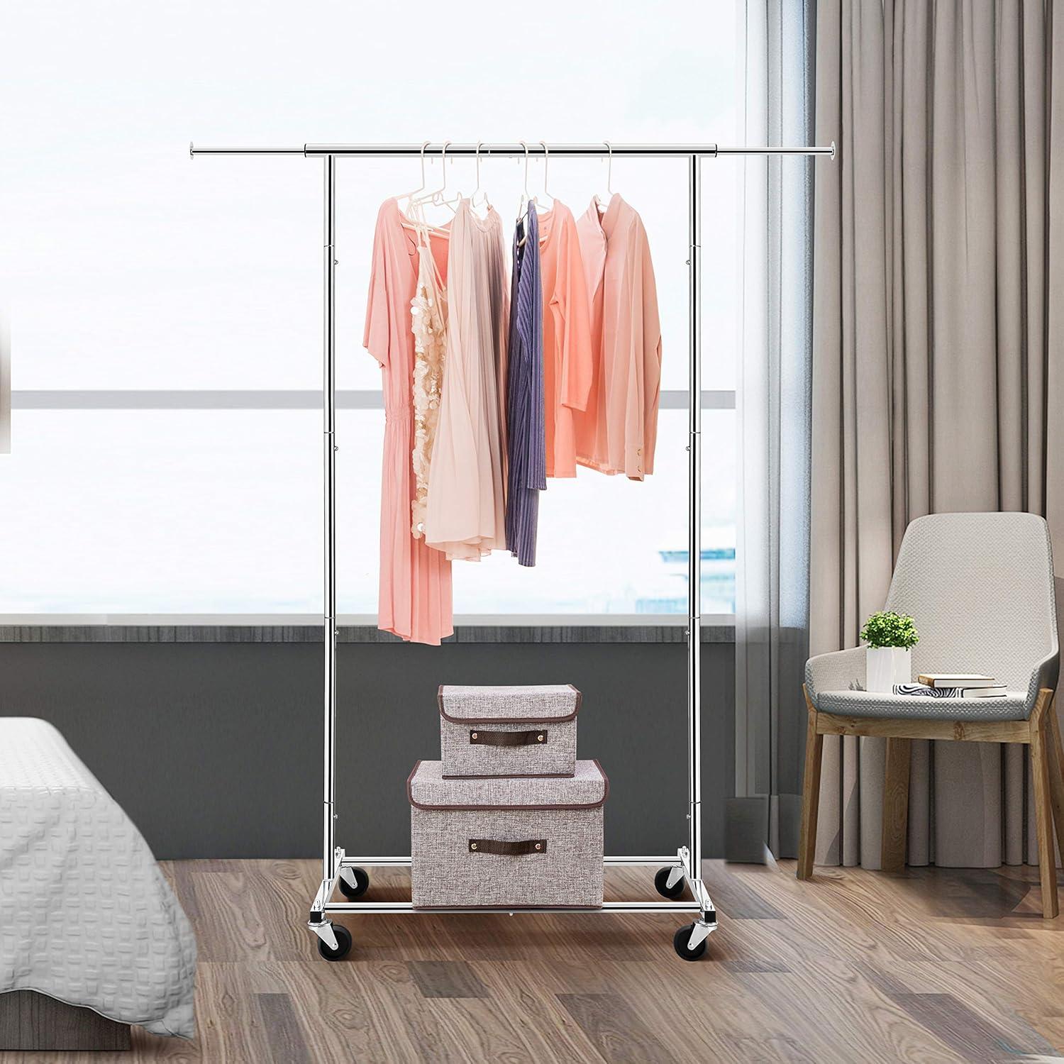 Chrome Adjustable Rolling Garment Rack with Bottom Shelf