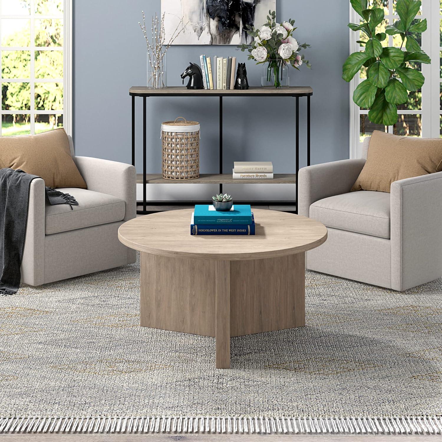 Evelyn&Zoe Anders Easy Assembly Round Medium Density Fiberboard Coffee Table, Antiqued Gray Oak