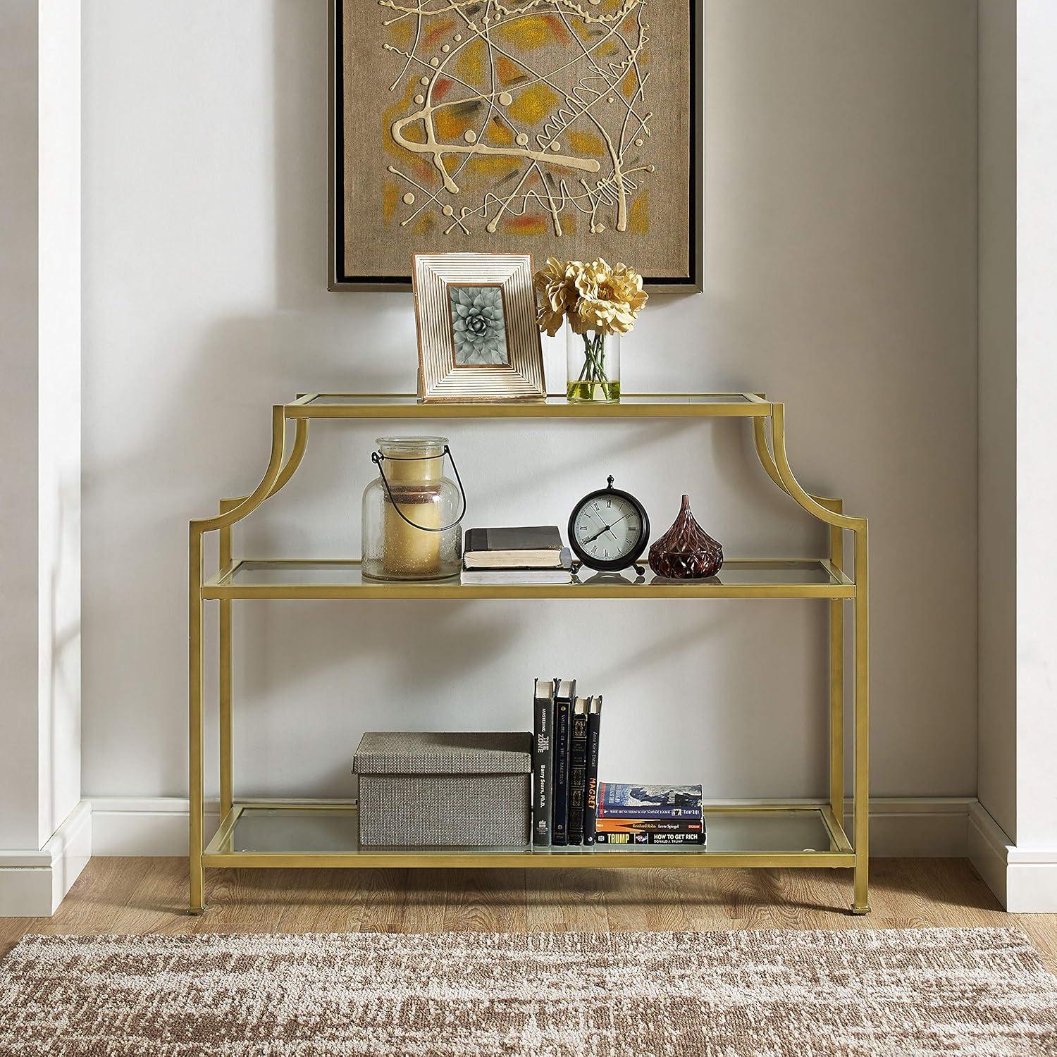 Aimee Console Table - Crosley: Elegant Steel Frame, Clear Glass Top, Fixed Shelf, Entryway Furniture