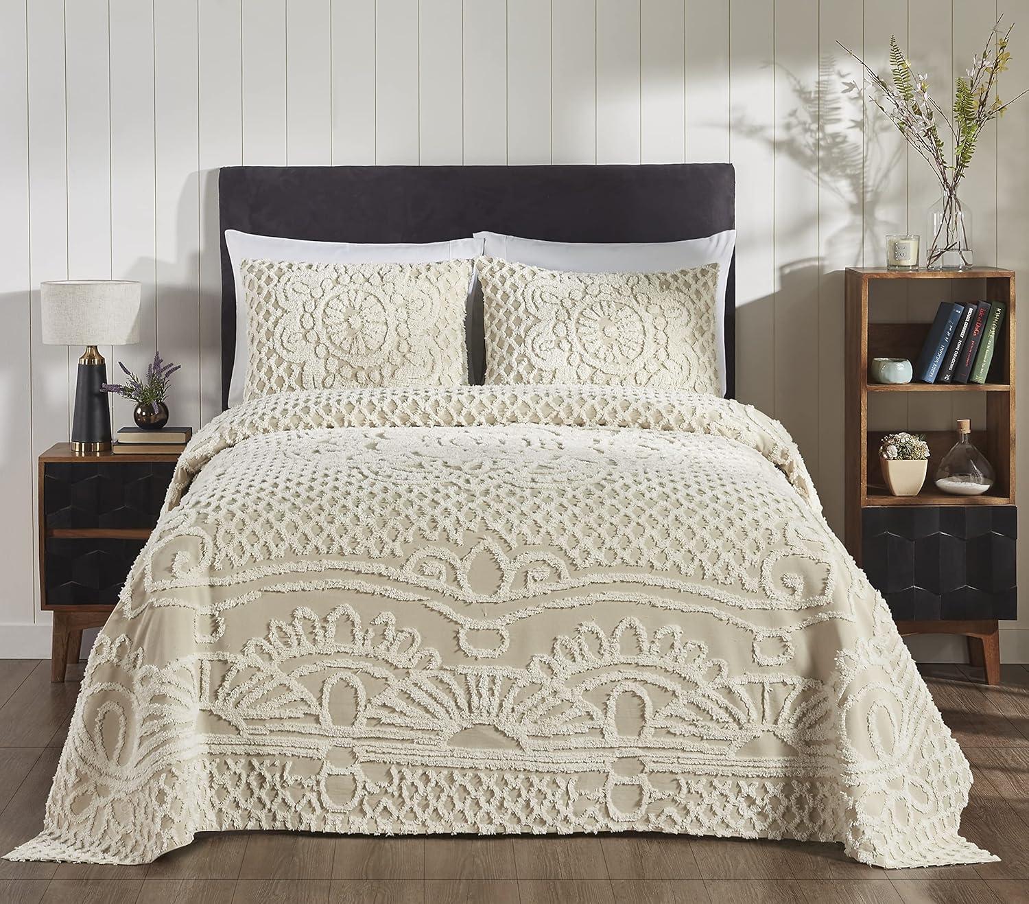 Full Size Beige Cotton Chenille Bedspread Set