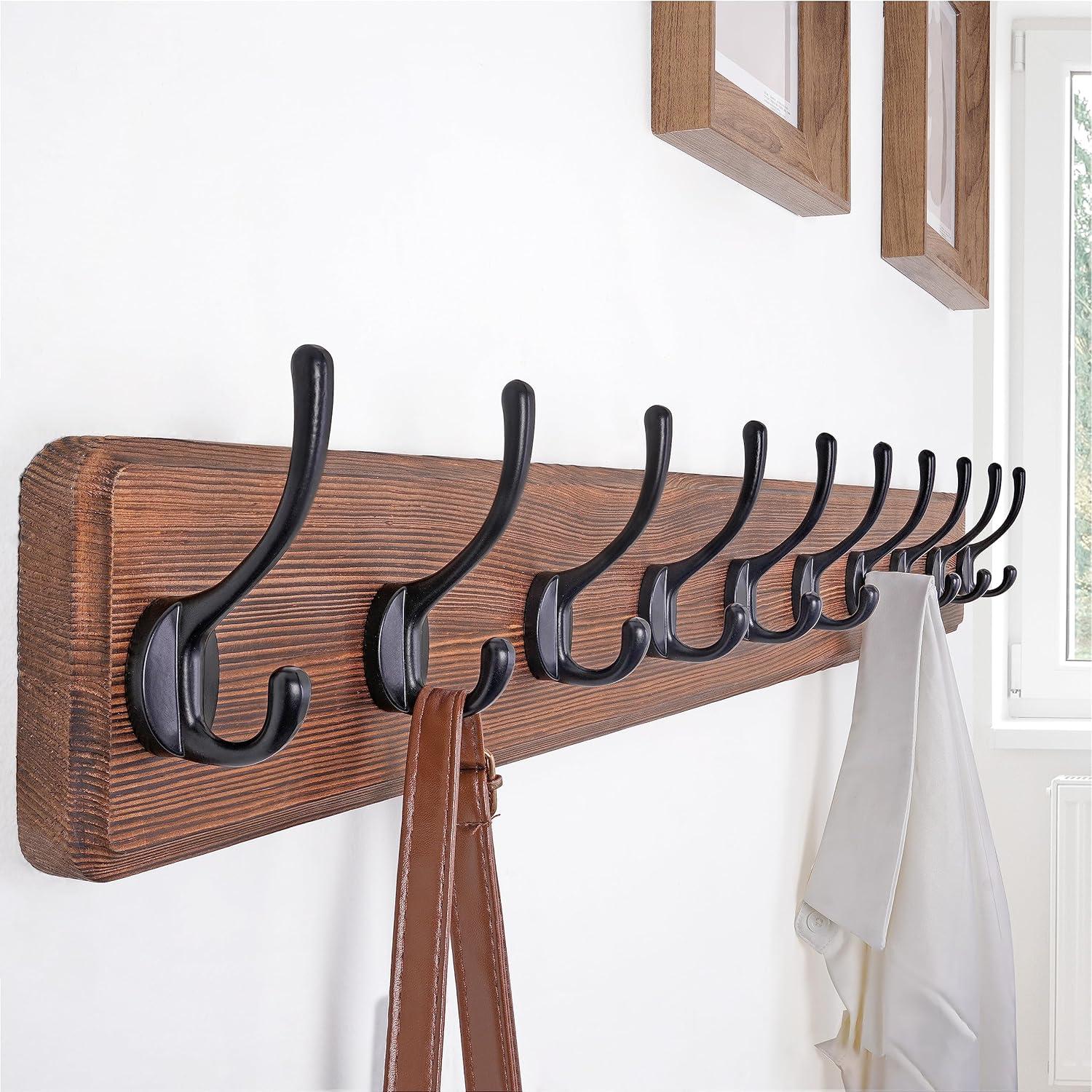 Rustic Pine Wood Wall Mounted Coat Rack with 10 Hooks