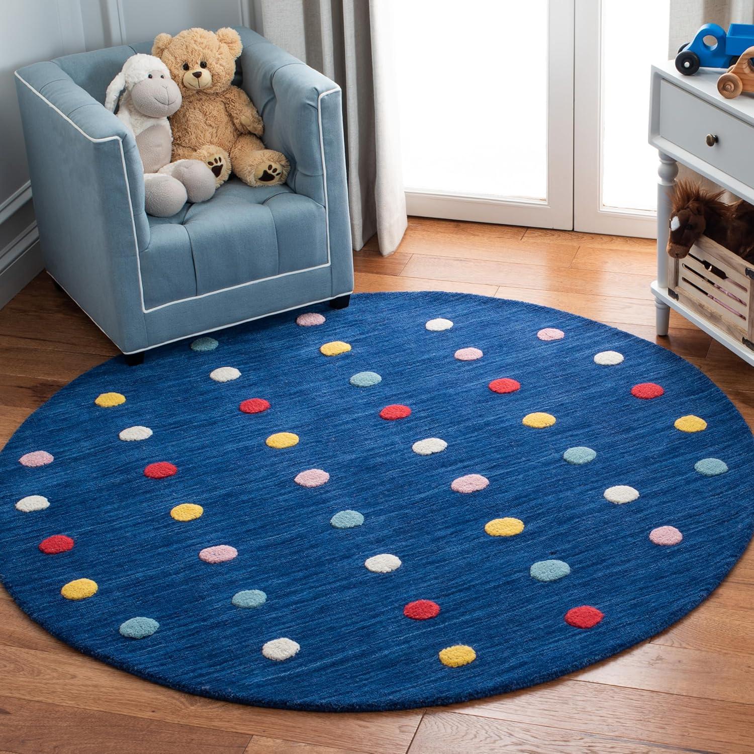 SAFAVIEH Kids Colorful Polka Dots Area Rug, Navy, 5' x 5' Round