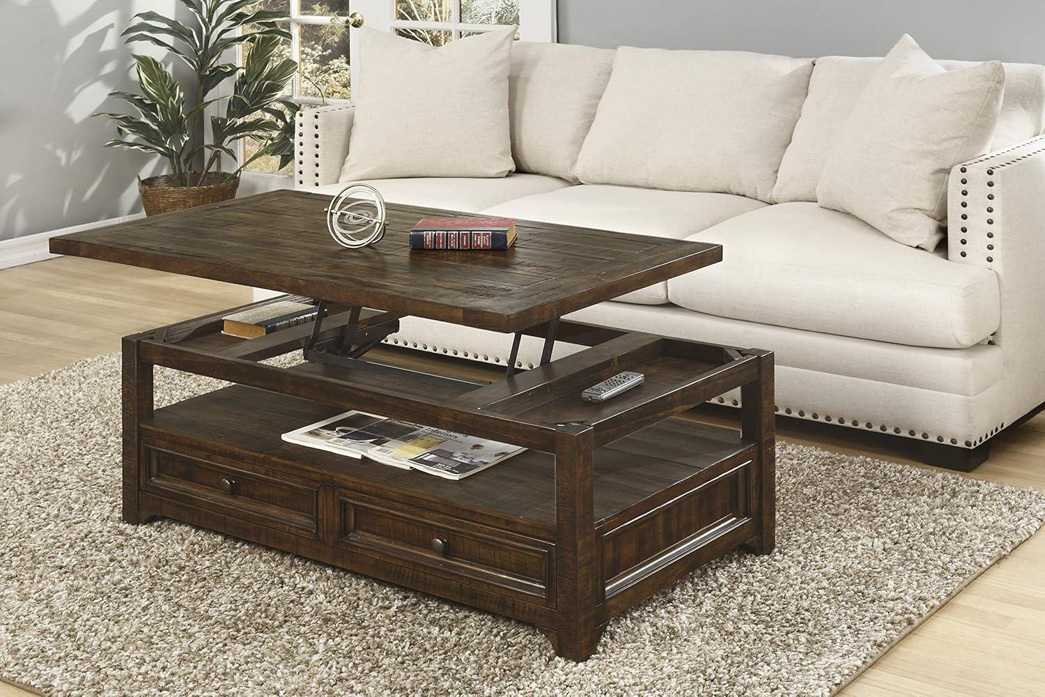 Rustic Dark Mocha Solid Pine Wood Rectangular Lift-Top Coffee Table with Storage