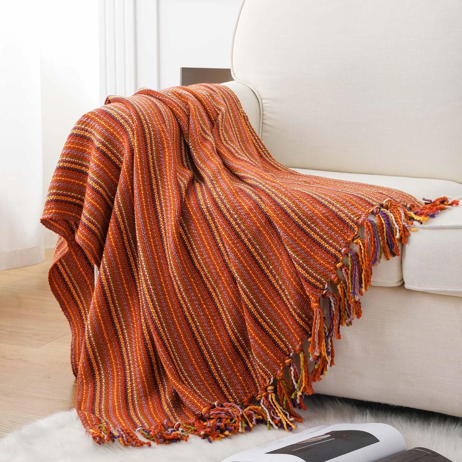 Brick Red Knitted Acrylic Throw Blanket with Fringes, 50"x60"