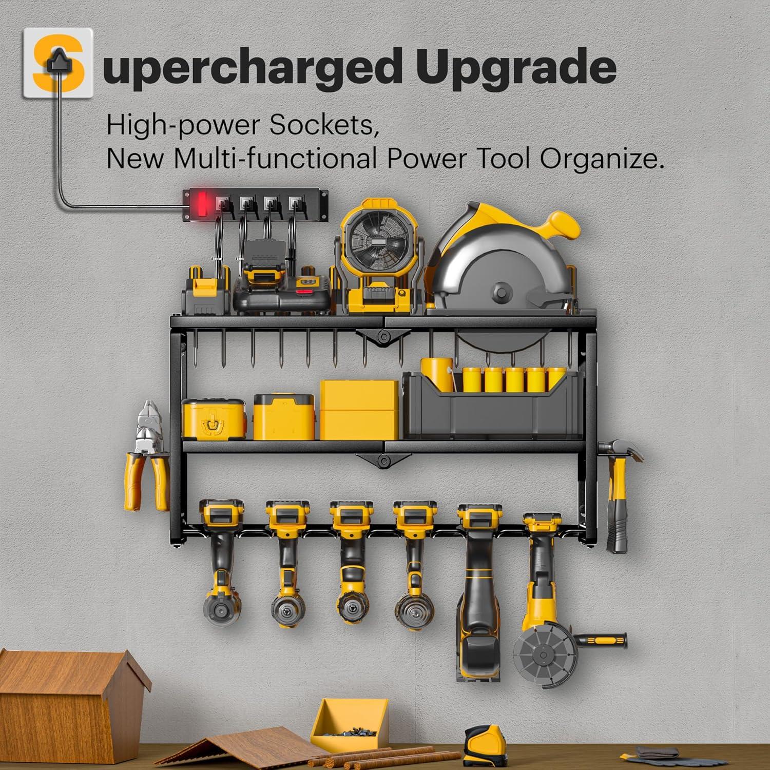 Power Tool Organizer Wall Mount with Charging Station, Garage Tool Shelf 6 Drill Holders, Tool Battery Holder with Screwdriver Heavy Duty Rack, Tool Storage Rack with 4 Outlet Power Strip