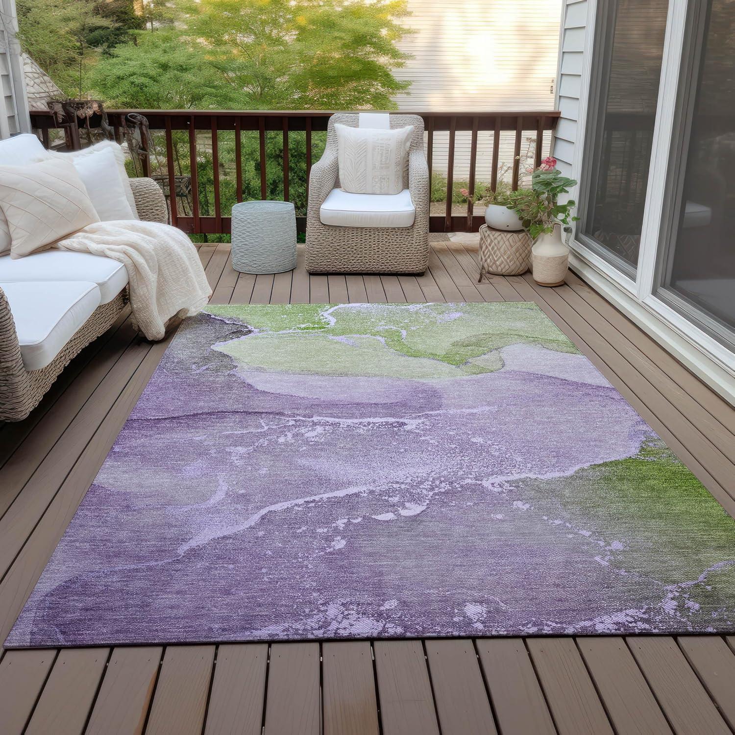 Purple and Green Rectangular Machine-Washable Area Rug