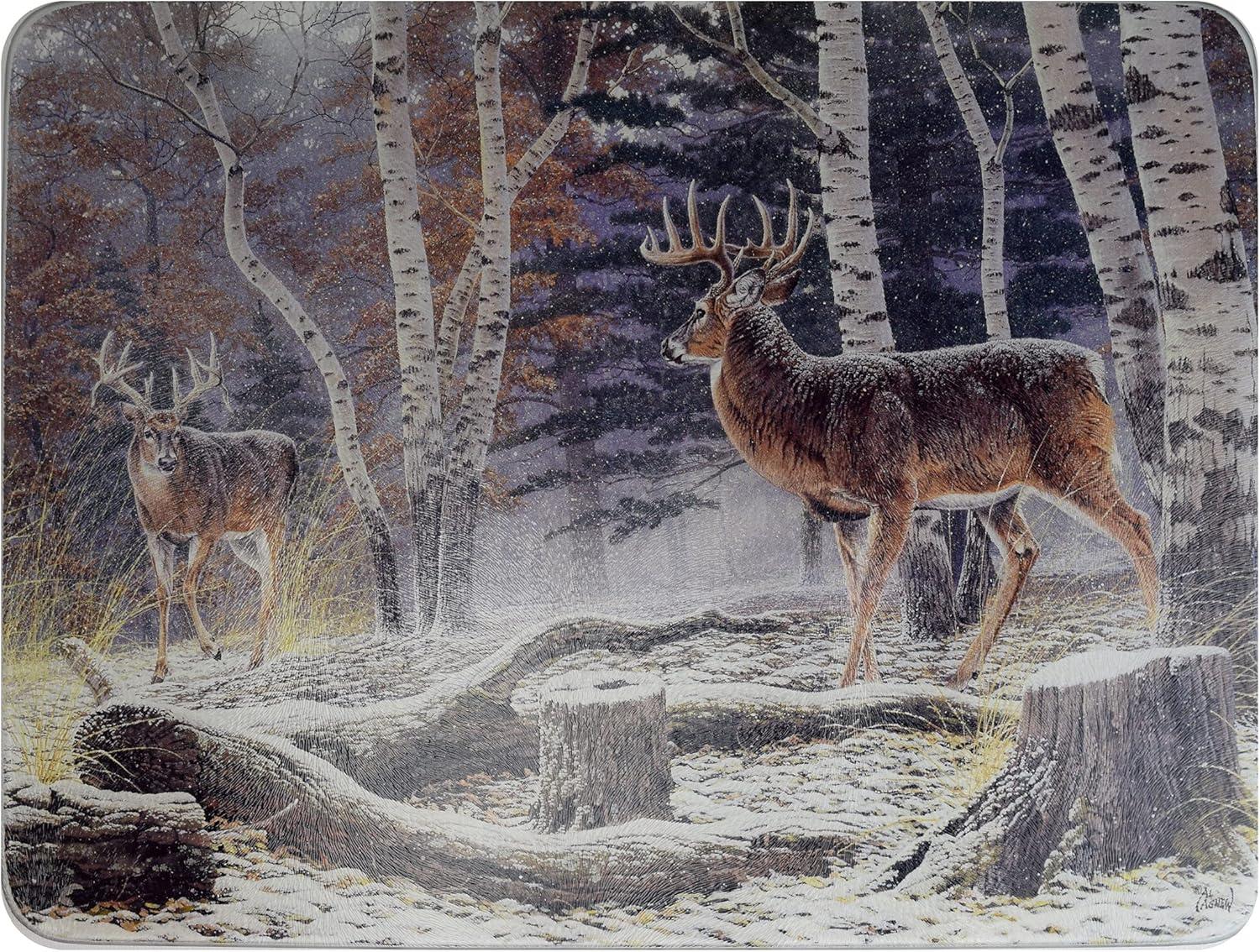 Rivers Edge Products Large 12in x 16in Decorative Tempered Glass Cutting Board, Hypoallergenic, Non Slip, Textured Surface Chopping Board for Kitchen, Deer in the Snow and Woods, Confrontation