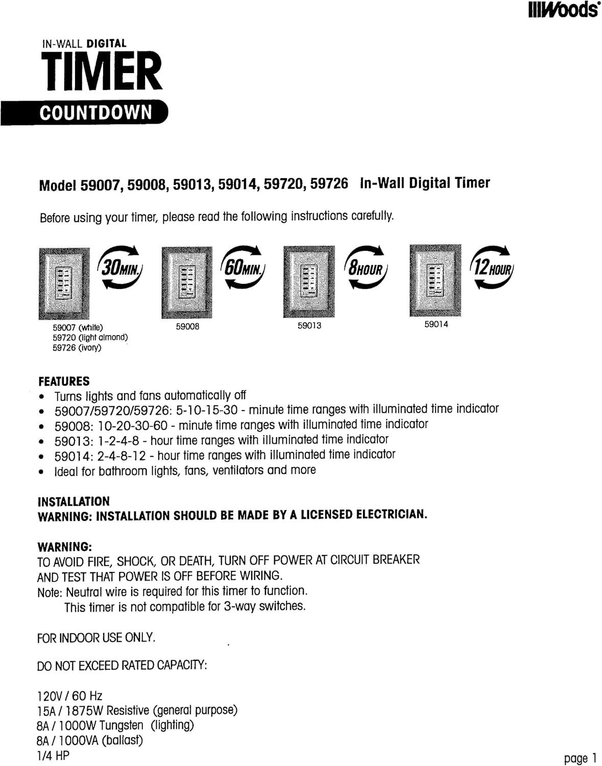 Woods 59008 Decora Style 60-30-20-10 Minute Preset Wall Switch Timer, White, 60-Minute