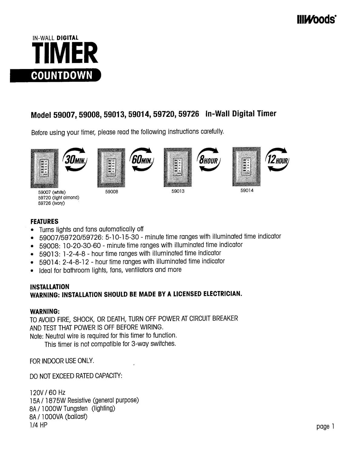 Woods 59008 Decora Style 60-30-20-10 Minute Preset Wall Switch Timer, White, 60-Minute