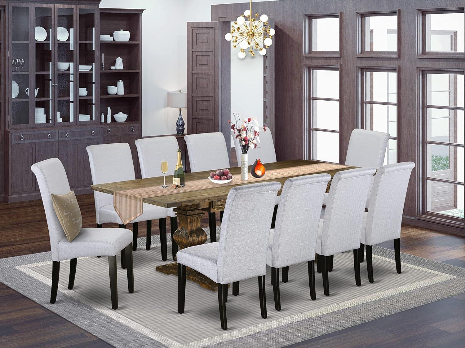 East West Furniture 11-Piece Dining Room Set Consists of a Rectangular Dining Table and 10 Grey Linen Fabric Padded Chairs with High Back - Distressed Jacobean Finish