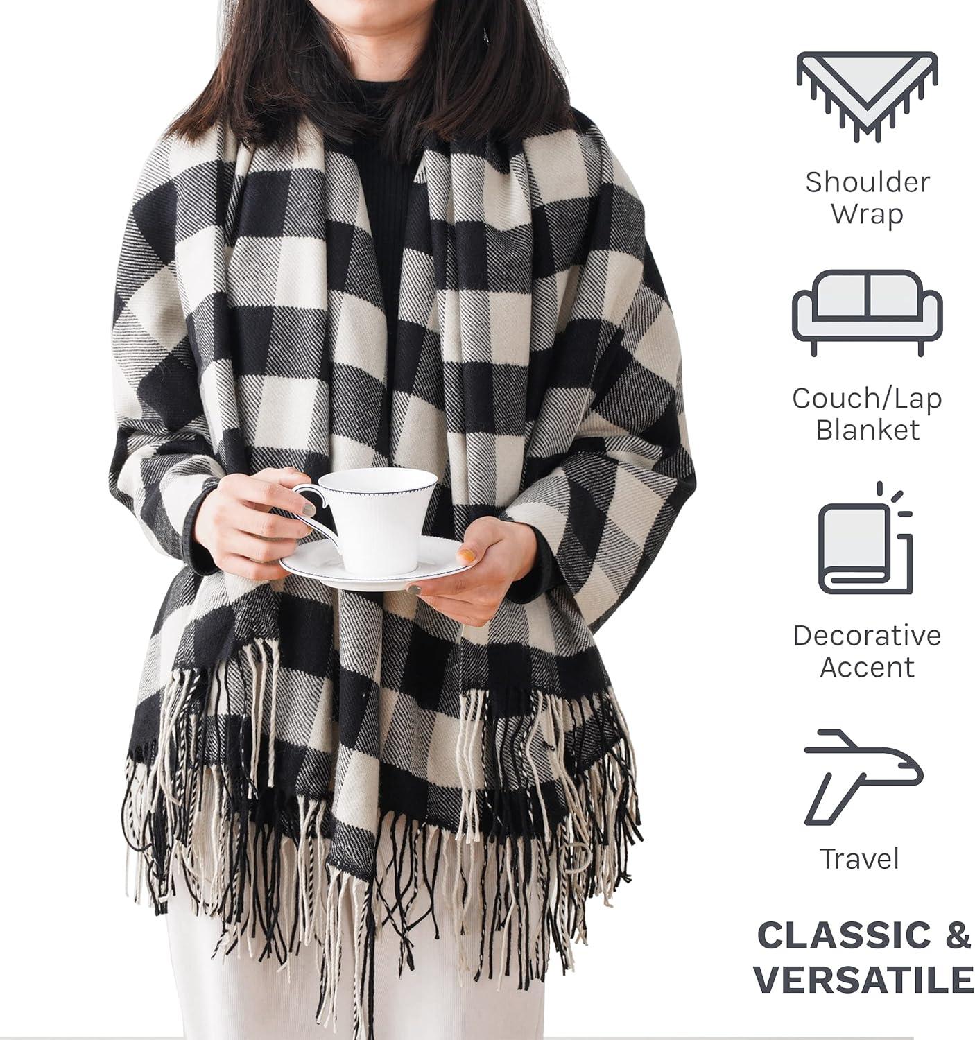 Battilo Classic Plaid Throw Blanket for Couch,Black&Beige,Buffalo Check Pattern Blanket for Picnic,50"x60"