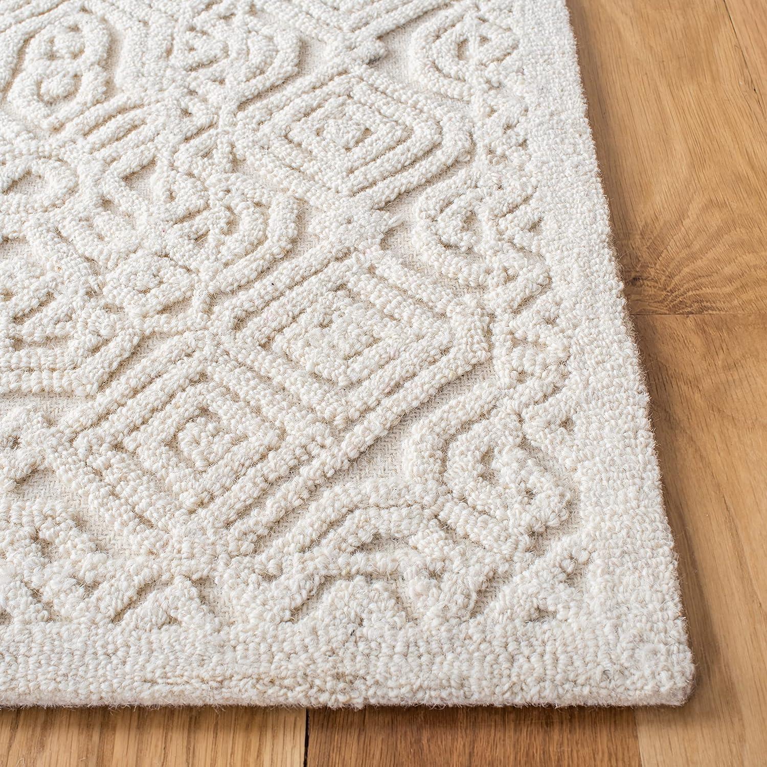 Ivory Geometric Hand-Tufted Wool Rug - 9' x 12' Textural Elegance