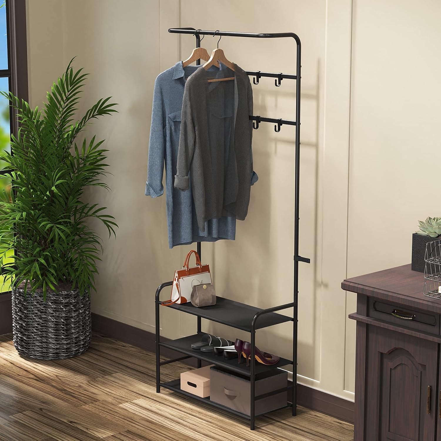 Simple Houseware Coat Rack with Storage Shelf and Shoe Rack for Entryway, Black