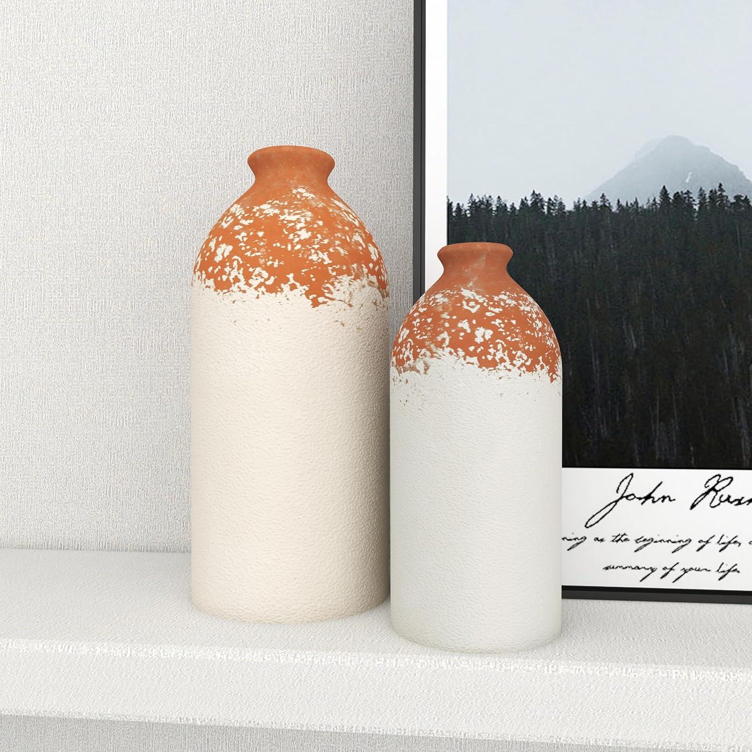 Novogratz Ceramic Decorative White Vase with Terracotta Detailing Set