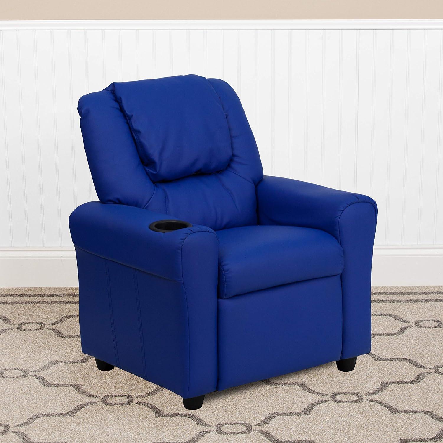 Emma and Oliver Blue Vinyl Kids Recliner with Cup Holder and Headrest