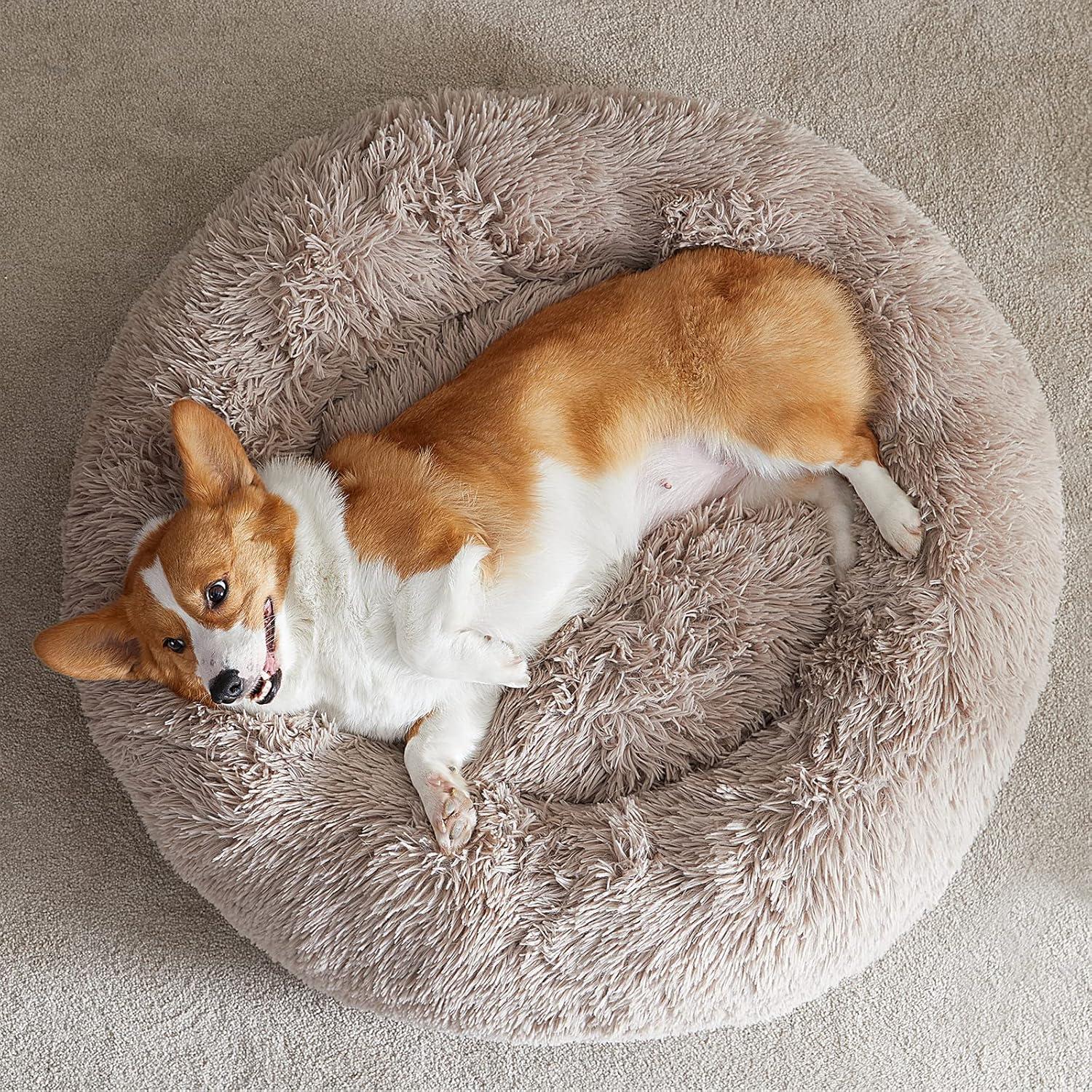 Calming Dog Bed Cat Bed Donut, Faux Fur Pet Bed Self-Warming Donut Cuddler, Comfortable Round Plush Dog Beds (20 X 20 X 8 Inch, Light Pink)