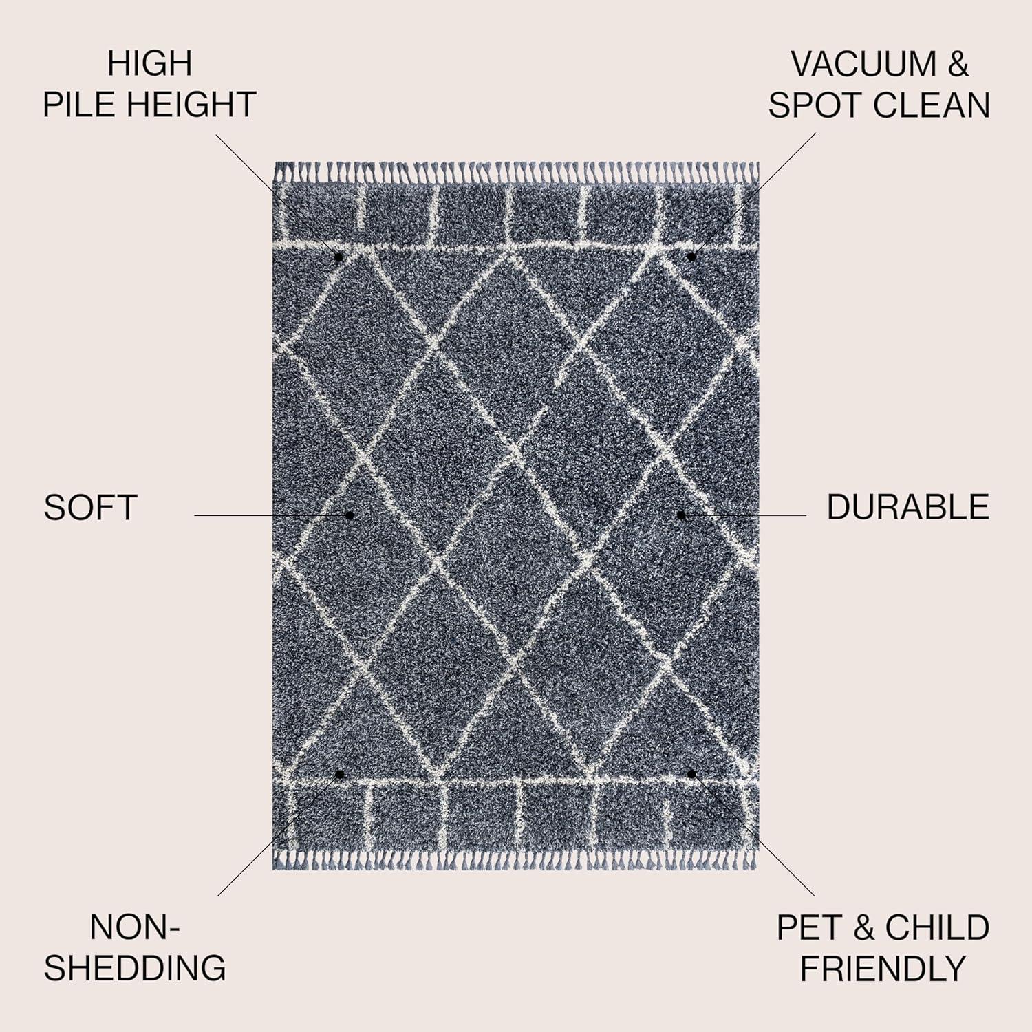 4'x6' Mercer Shag Plush Tassel Moroccan Geometric Trellis Area Rug, Denim/Cream - JONATHAN Y