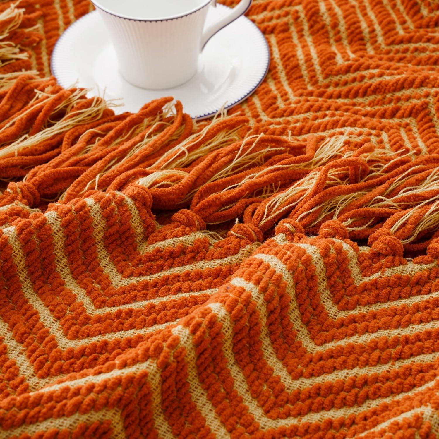 Orange Knitted Reversible Chenille Throw Blanket with Fringe, 50"x60"