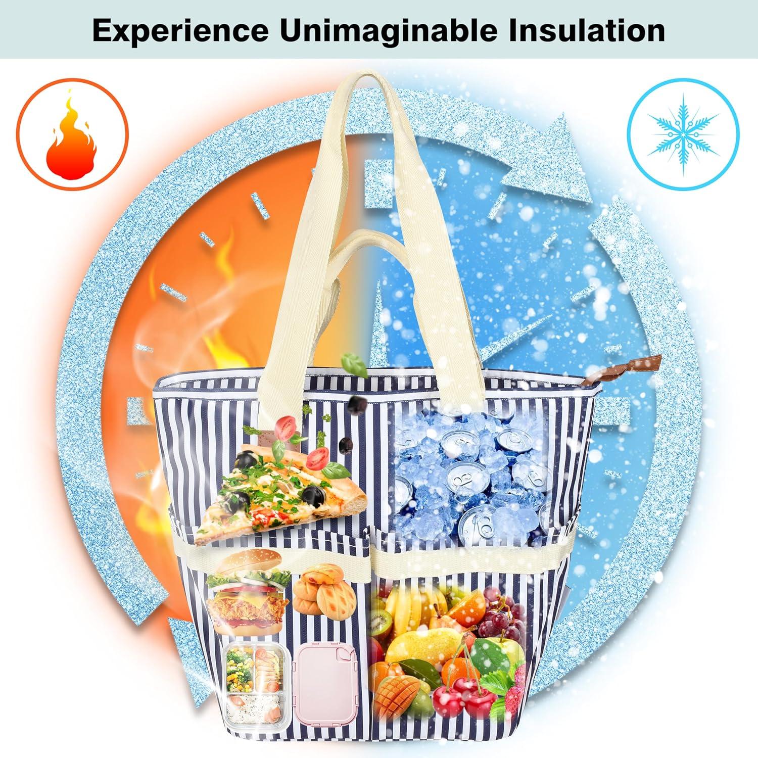 Solaris Insulated Cooler Bag, 3 Layer Leakproof Soft Cooler tote bag, Collapsible Waterproof Grocery Thermal Bag, Gift Ideas for Picnic, Gray Strip