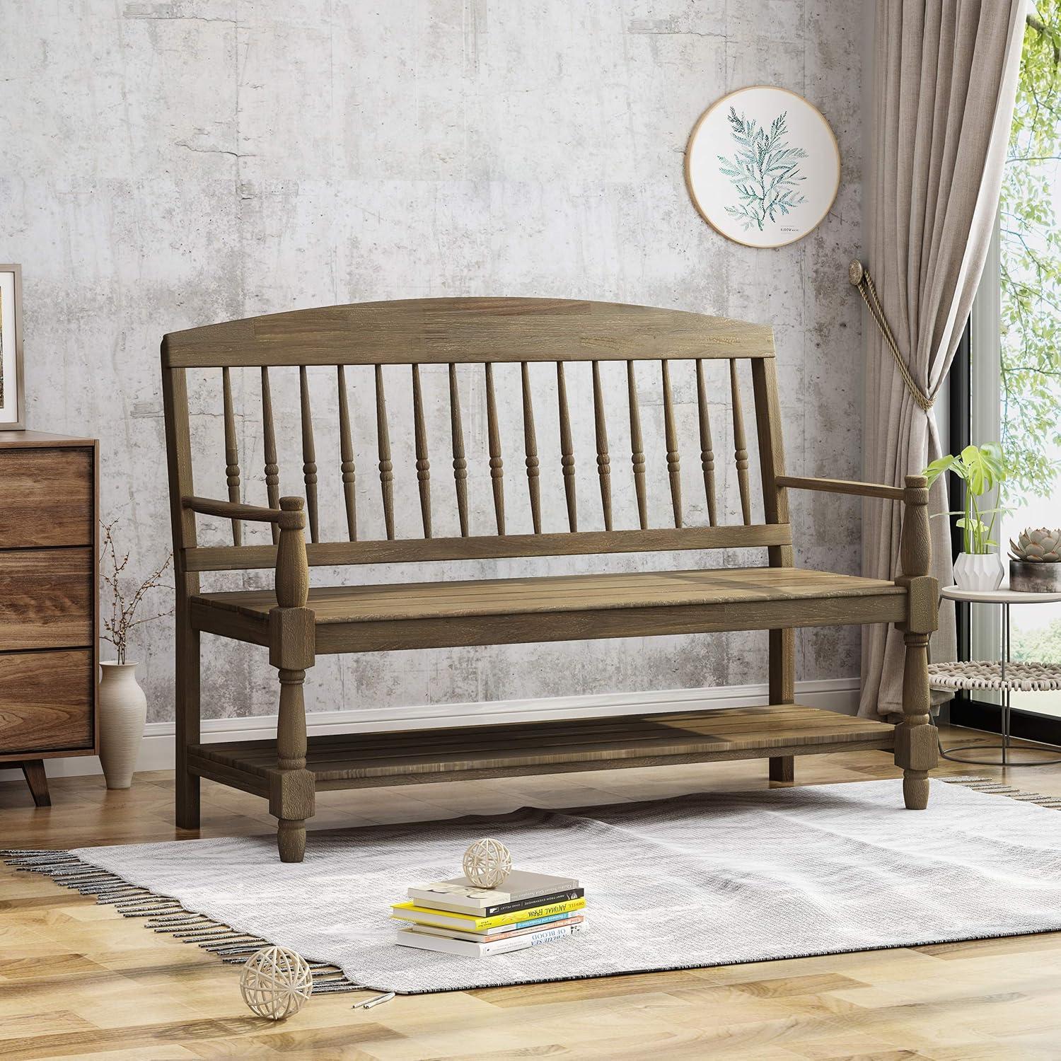 Eddie Rustic Acacia Wood Bench with Shelf, Gray