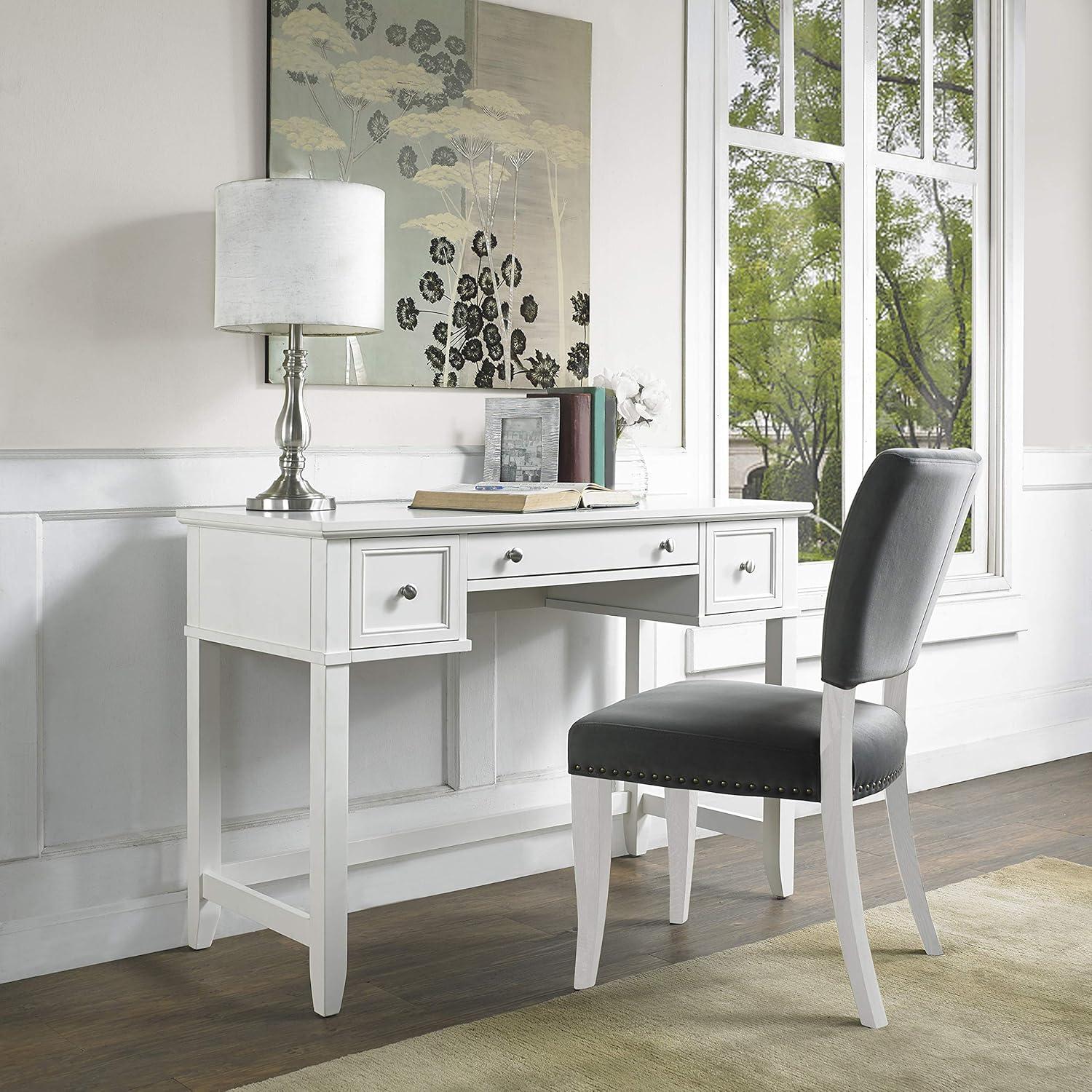 Vista Desk White - Crosley: Solid Hardwood, Traditional Design, 3 Storage Drawers, Brushed Nickel Hardware