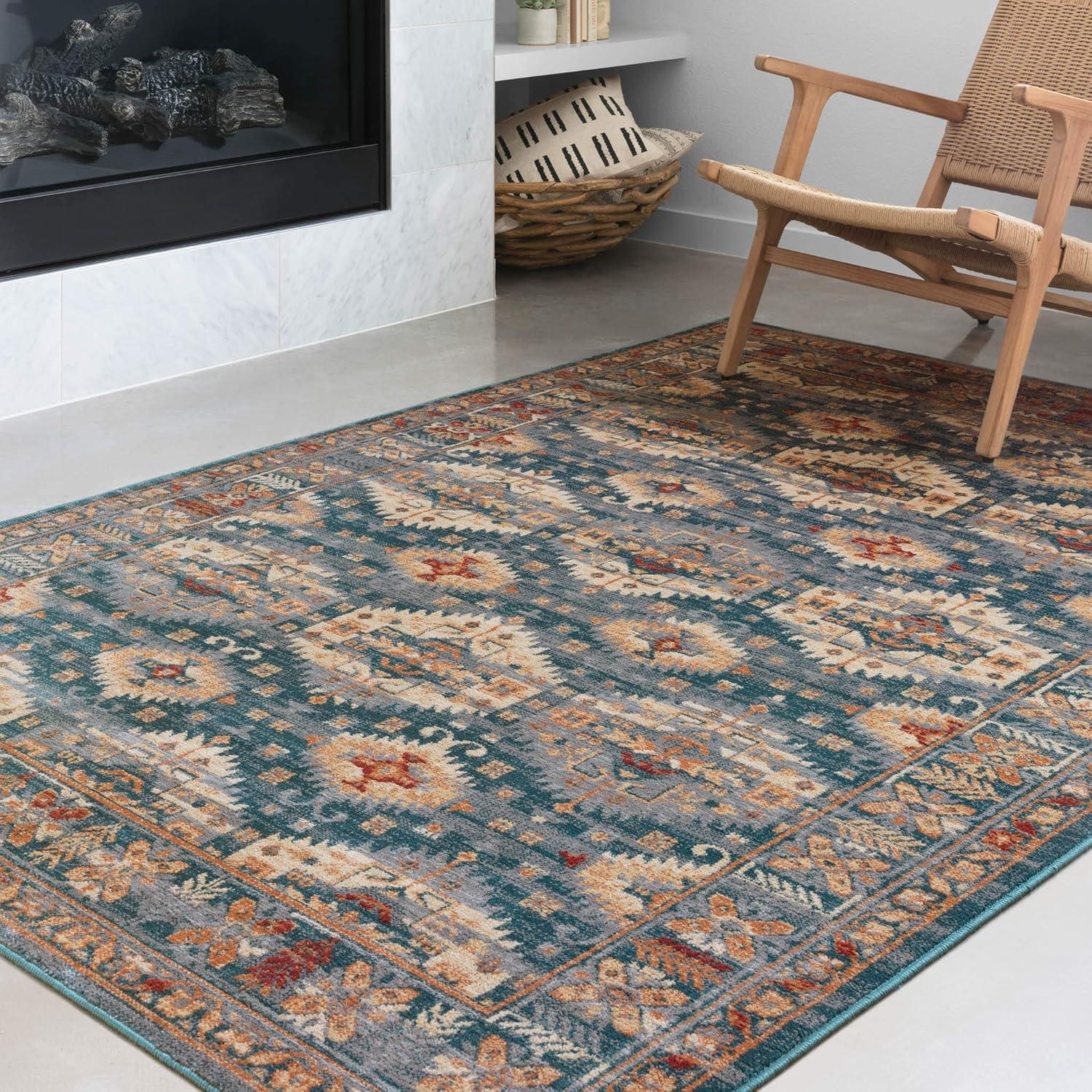 Isadora Blue and Beige 5' x 7' Stain-Resistant Synthetic Area Rug