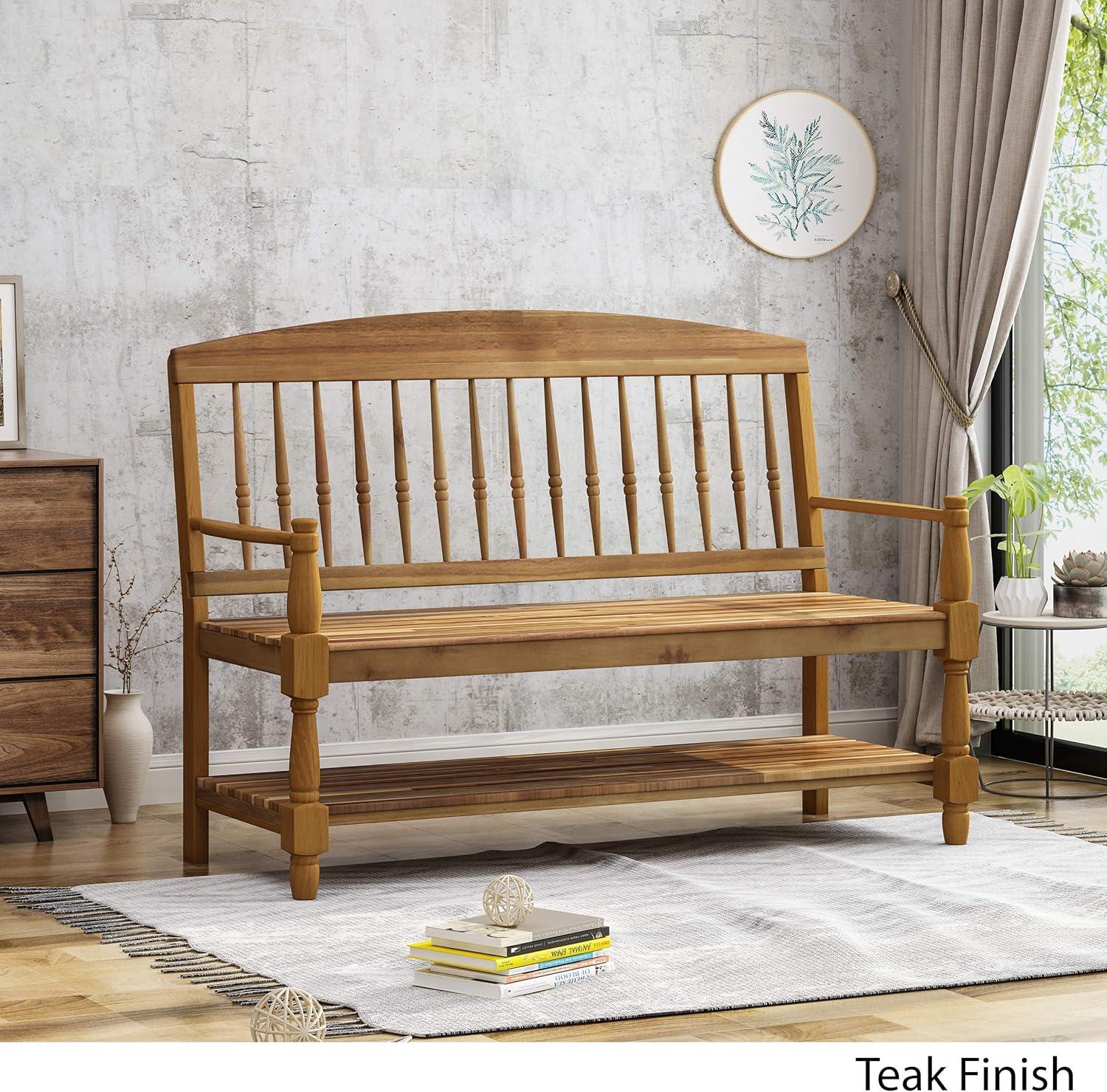 Eddie Teak Finish Farmhouse Acacia Wood Bench with Shelf