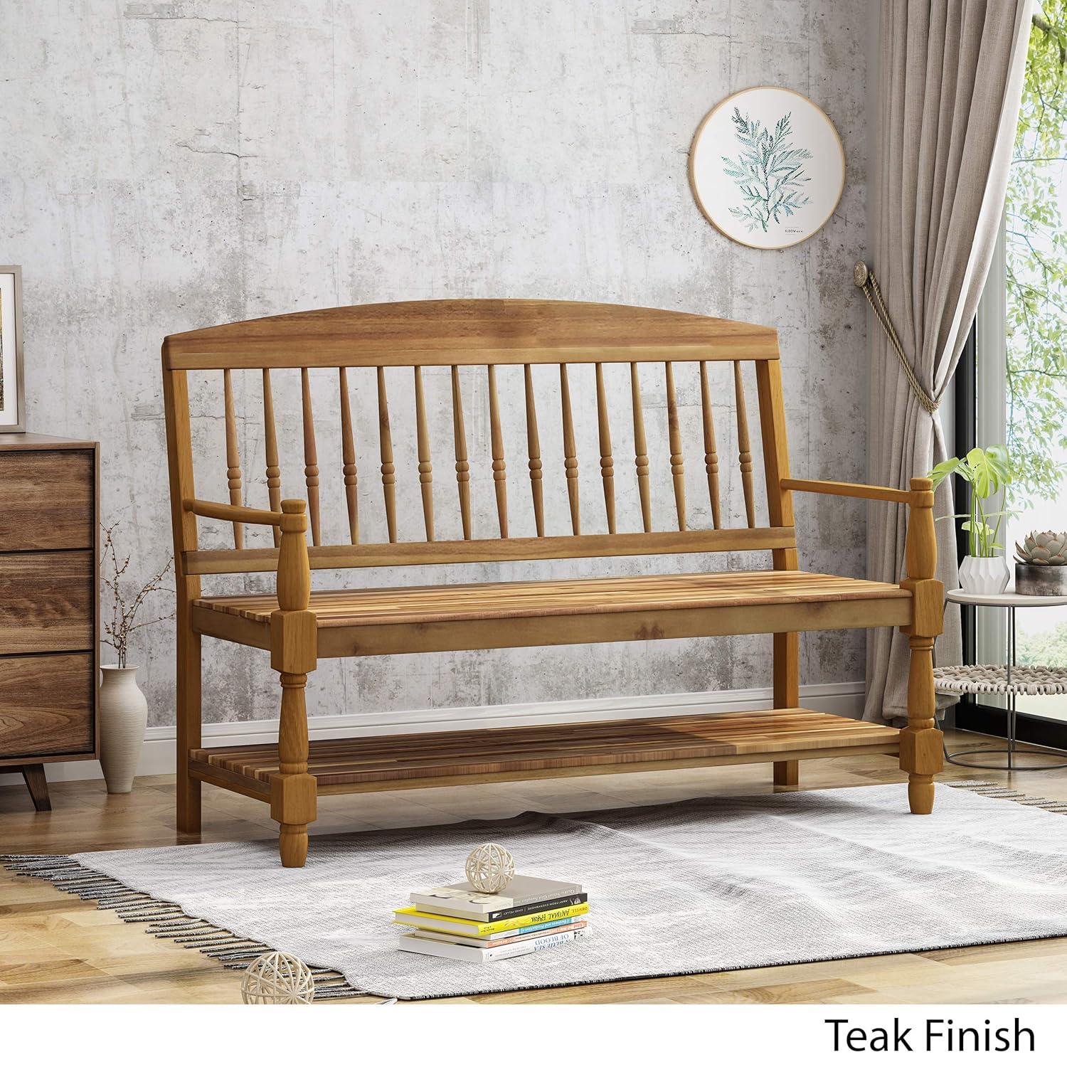 Eddie Teak Finish Farmhouse Acacia Wood Bench with Shelf