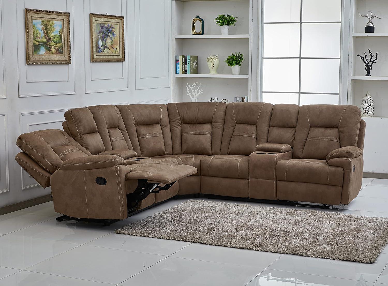Betsy Furniture Large Microfiber Reclining Sectional Living Room Sofa in Latte 8038
