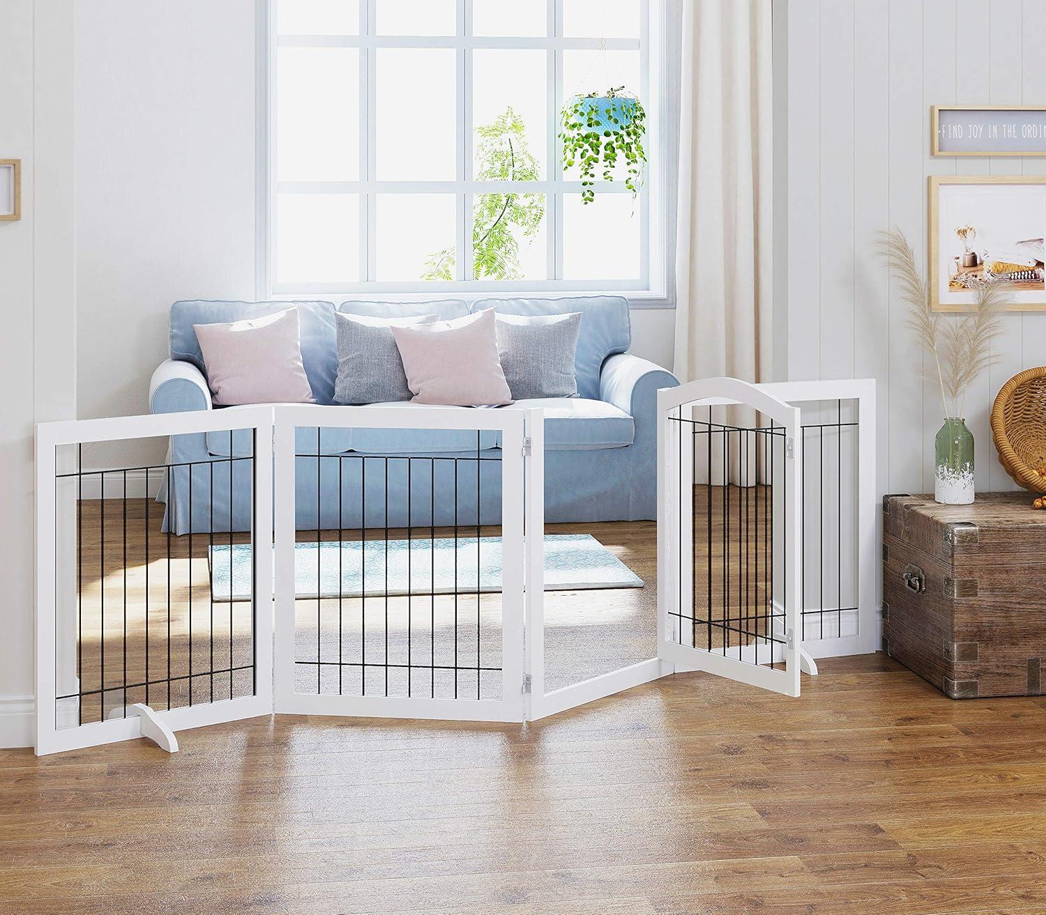 White Freestanding Solid Wood and Metal Pet Gate with Door