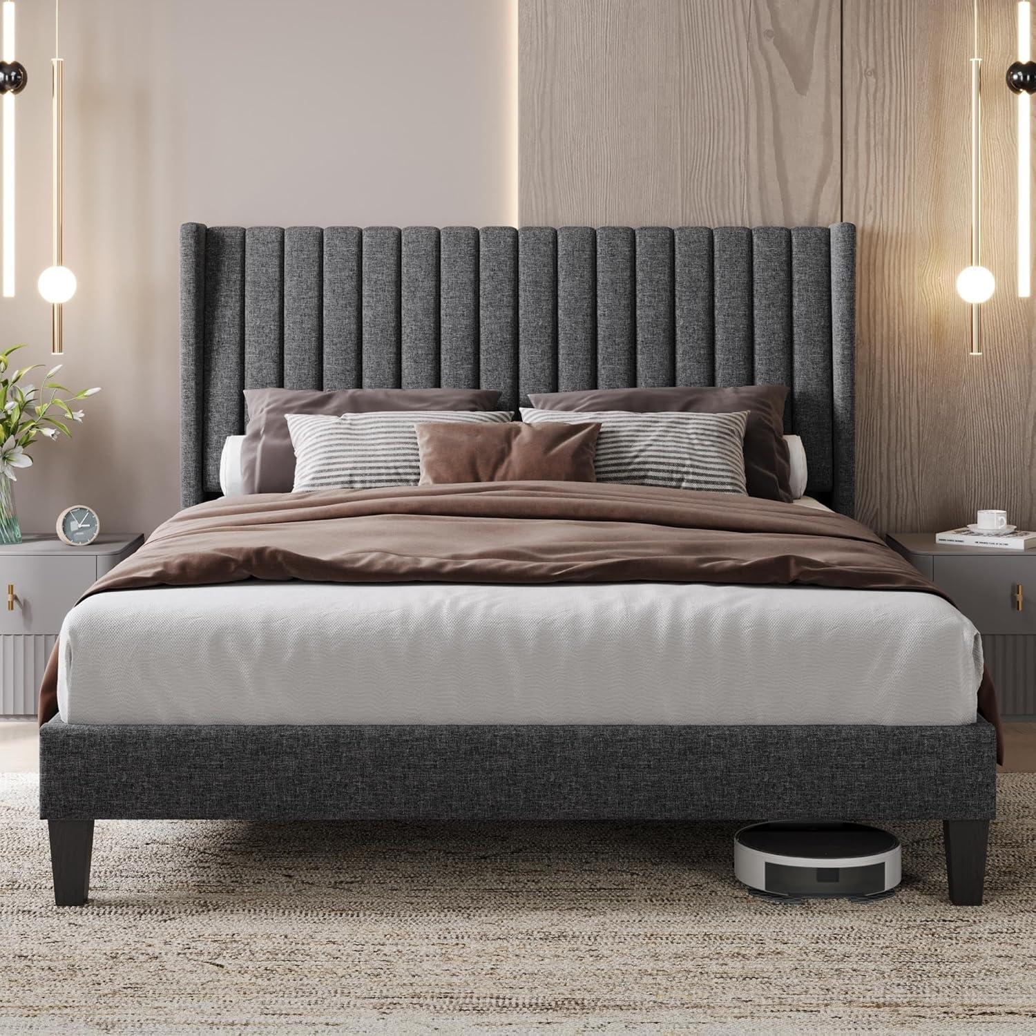 Dark Gray Queen Upholstered Platform Bed with Tufted Headboard