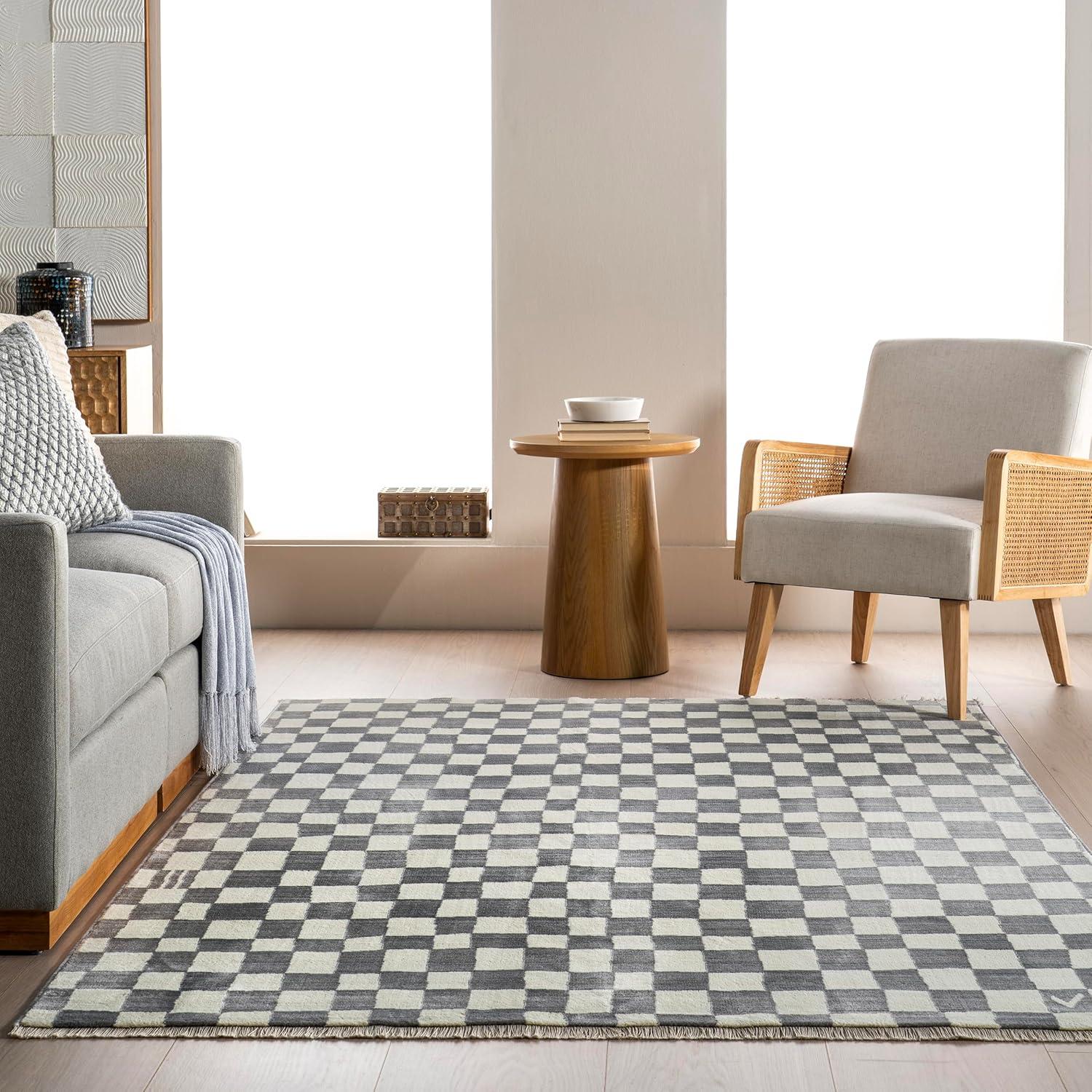 Dominique Gray 4' x 6' Abstract Checkered Synthetic Area Rug