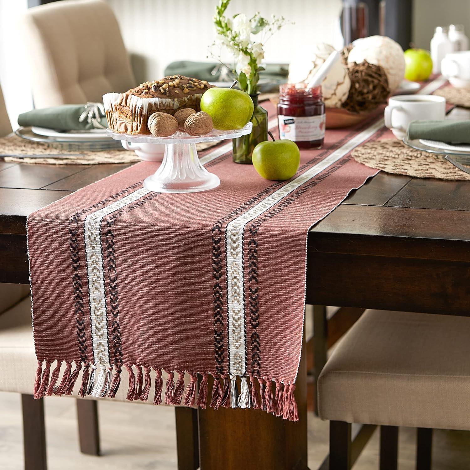 Clay and Black Cotton Striped Fringe Table Runner 14x72