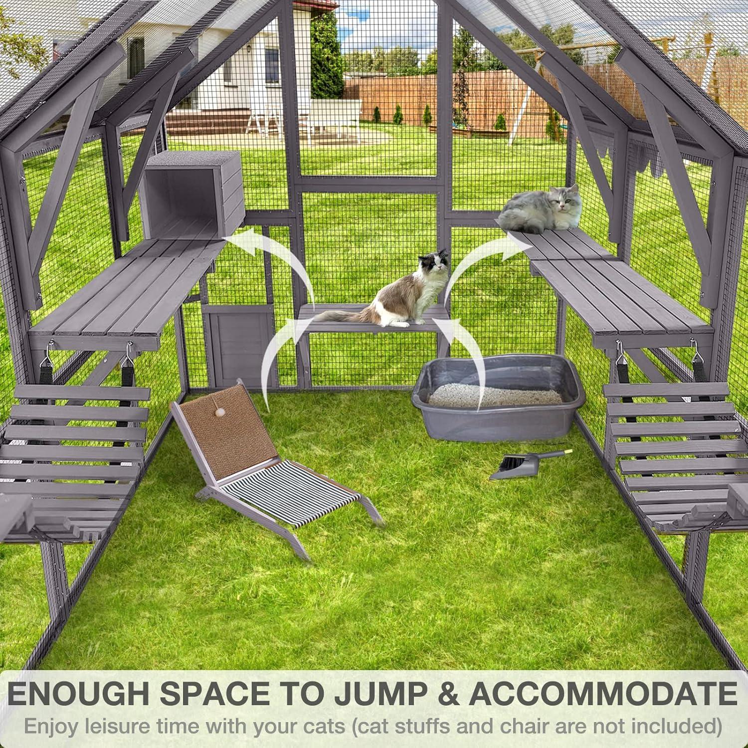 Uforic 110" Catio Outdoor Cat Enclosure Large Wooden Cat House with with Weatherproof Roof, Cat Scratcher Ramp, Space Capsule Bed, 2 Bridges, 2 Resting Houses, 7 Platforms for Multiple Cats