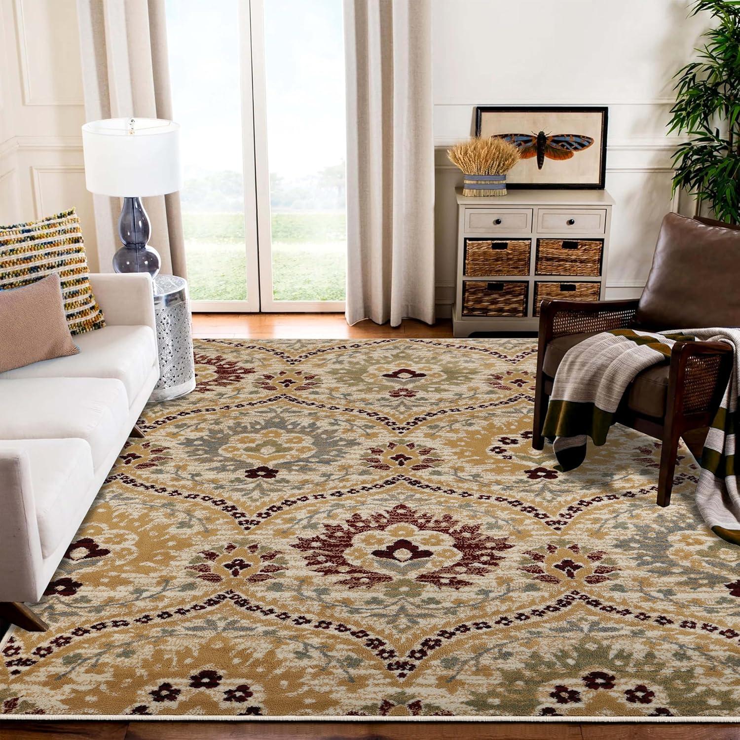 Camel Floral Damask Flat Woven Synthetic Area Rug, 8' x 10'